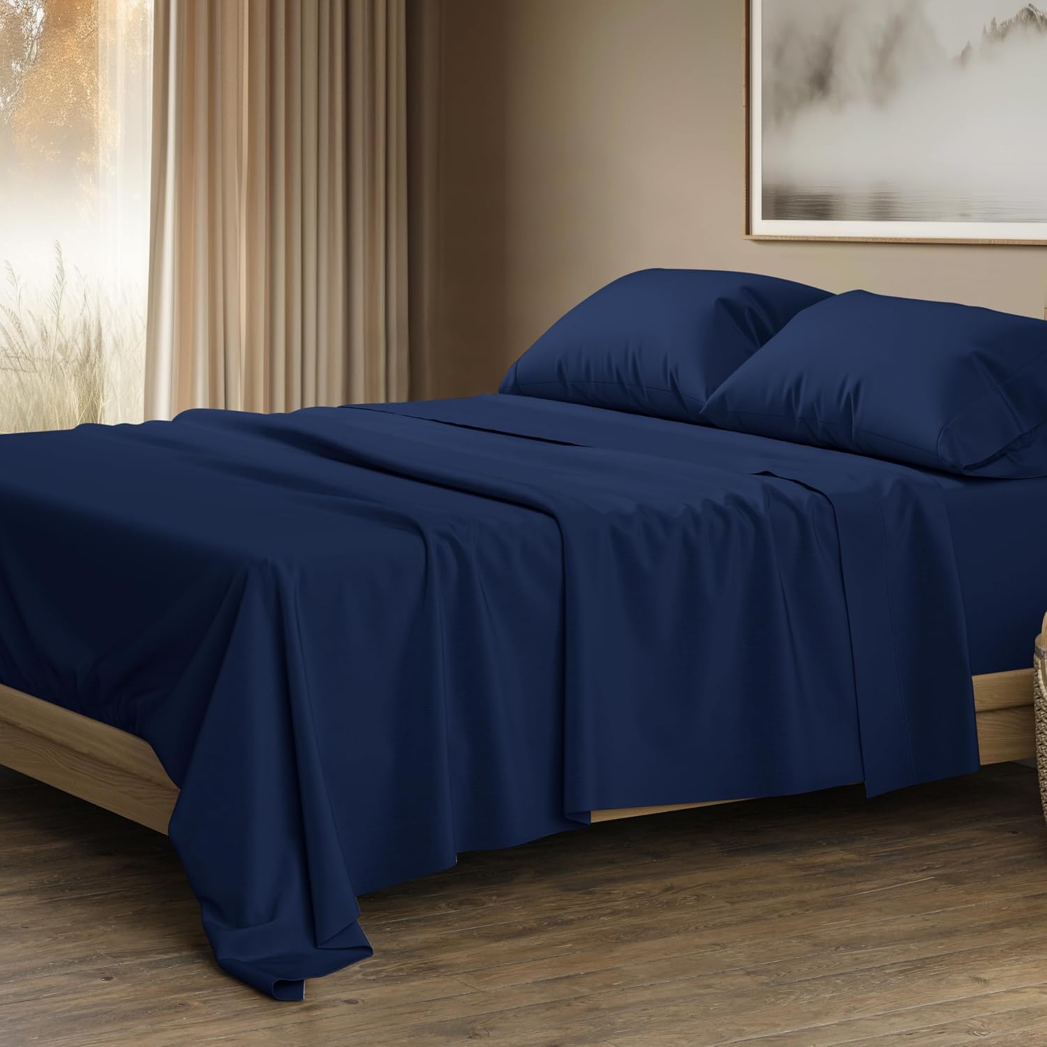 THREAD SPREAD 100% Egyptian Cotton Sheets Queen Size - Luxury 1500 Series Queen Sheet Set Egyptian Cotton (4 PC, Navy Blue), Silky Soft, Sateen Weave, Cooling & Breathable, 17' Deep Pocket Bed Set