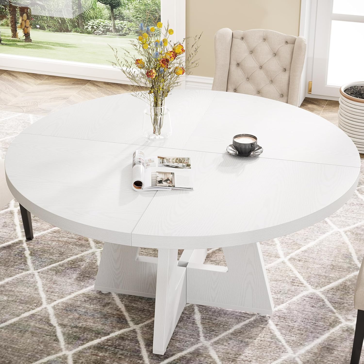 Tribesigns Farmhouse Dining Table, 47 Inch Round Dinner Table for 4, Rustic Round Dining Room Table for Home Dining Room Living Room (White)