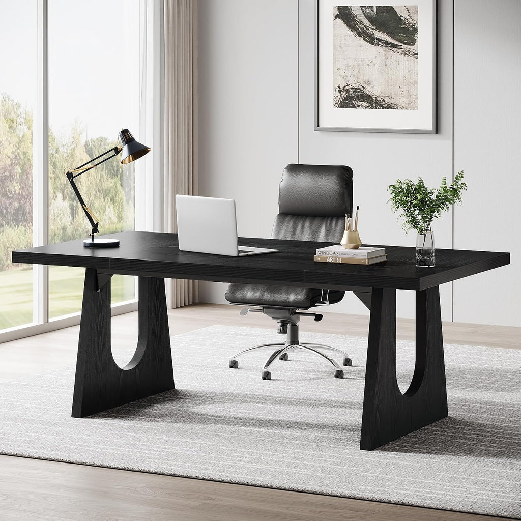 Tribesigns 70.86-Inch Executive Desk, Large Black Computer Office Desk with Wooden Legs, Modern Simple Style Rectangle Writing Table, Workstation or Business Table for Home Office (Black)
