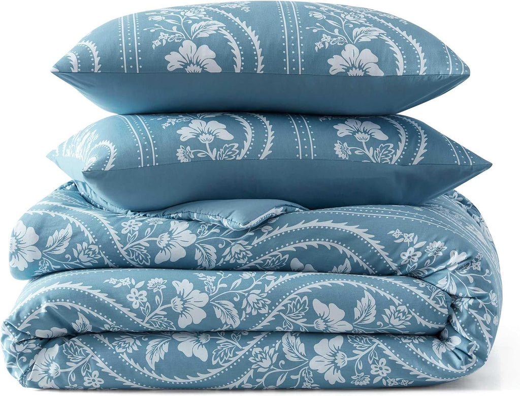 Martha Stewart - King Comforter Set, Smooth Sateen Front with Subtle Sheen & Lightweight Cotton Percale Reverse, 3 Piece Bed Set with Matching Pillowcases (Sophia Stripe Blue)