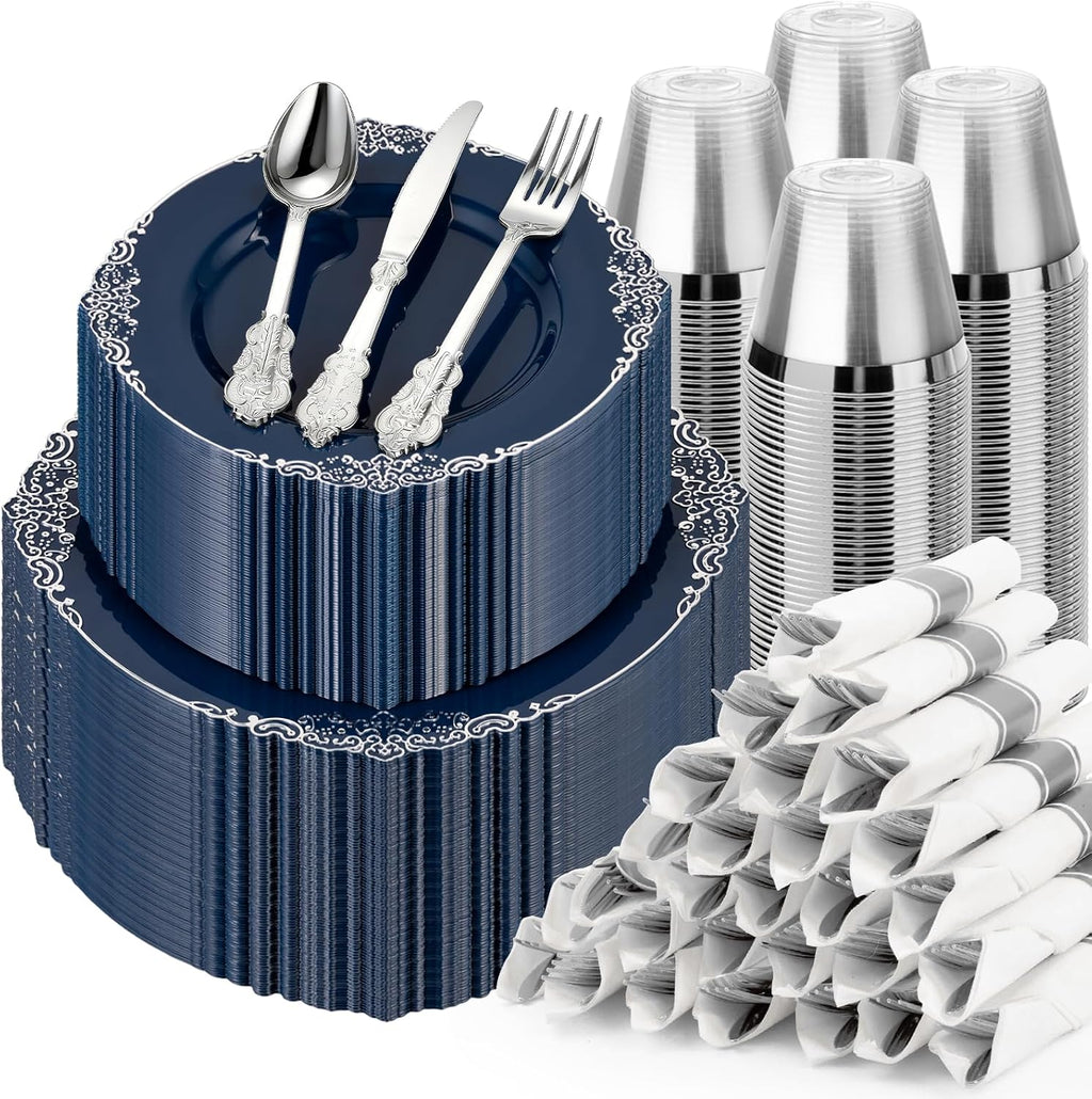 Bestluck 700PCS Navy Blue Plates for 100 Guests, Disposable Dinnerware Sets Include 100 Plastic Plates, 100 Silverwares, 100 Cups, and 100 Pre Rolled Napkins for Party, Wedding and Graduation