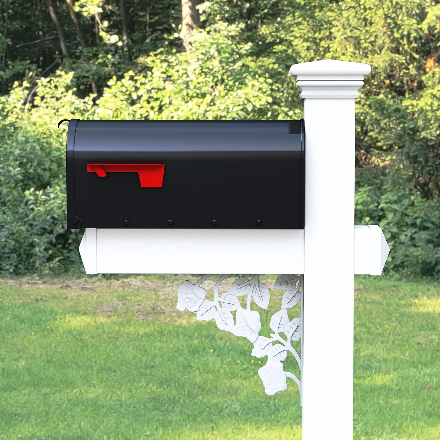 4Ever Products The Hoover Mailbox with White Vinyl Post Included Complete Decorative Curbside Mailbox System with Classic Traditional Style (Black Mailbox)