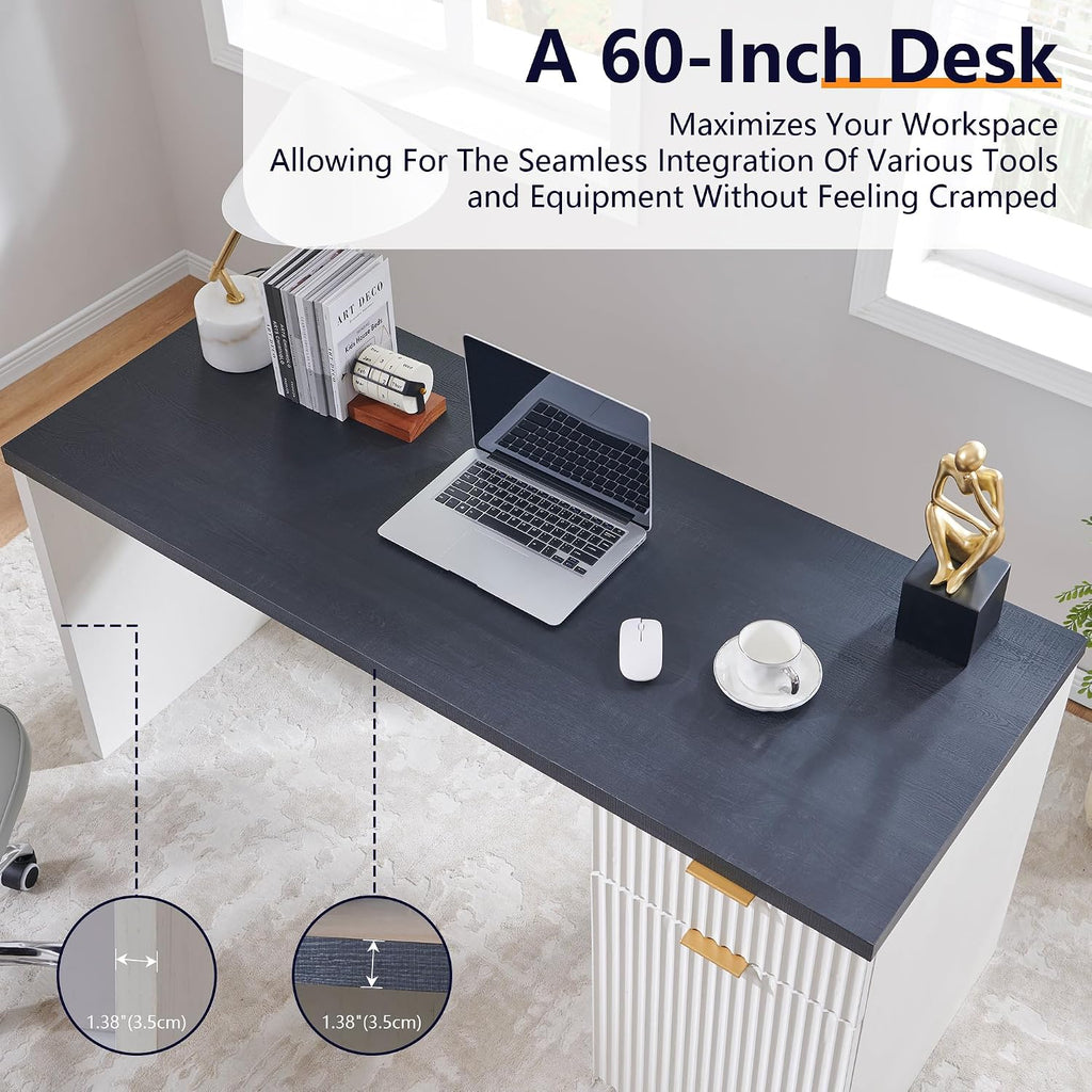 JXQTLINGMU 60' Modern Executive Desk with Storage, Wood Home Office Desk with Drawer & Cabinet, Fluted Computer Writing Desk for Study, Living Room, Bedroom, Antique White