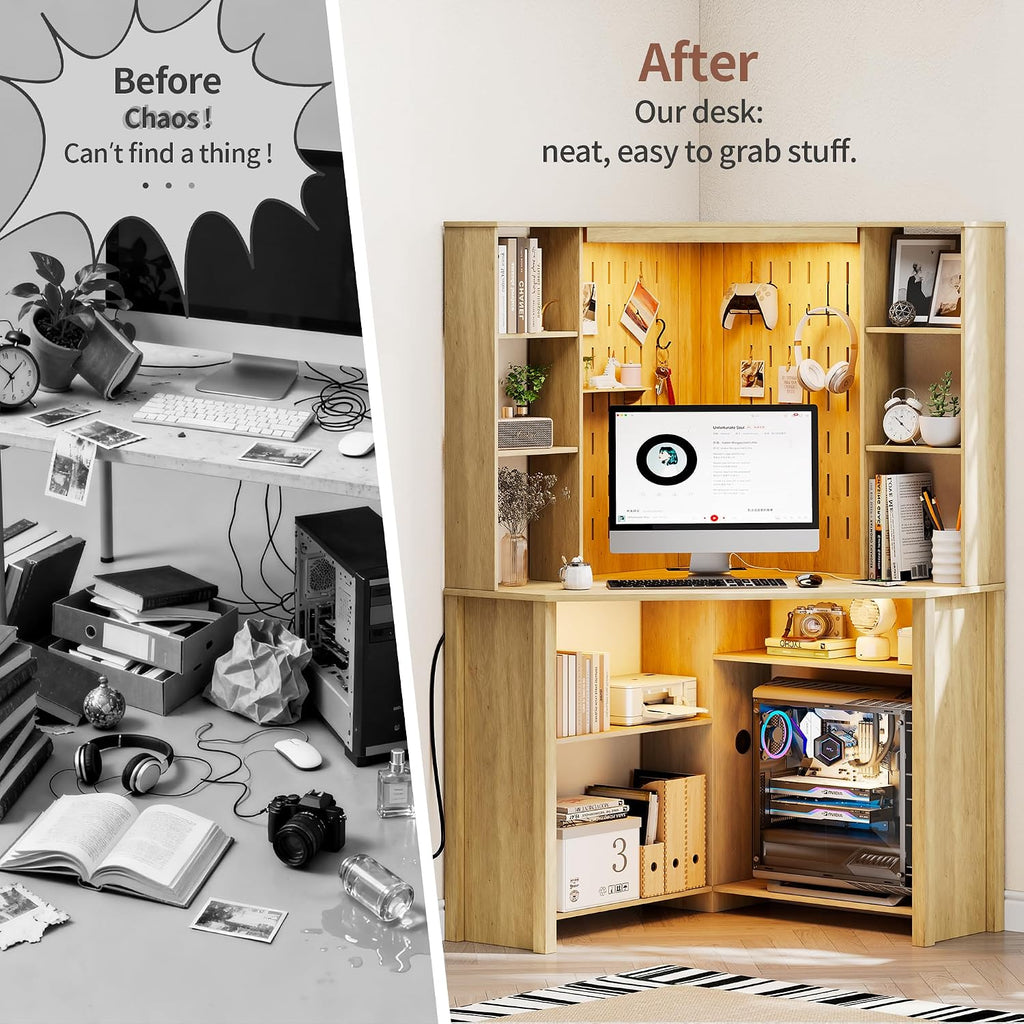 HNEBC Home Office Desk with Power Outlet & Chariging Station,L-Shaped Corner Desk with Pull-Out LED Lights,Computer Desk with Hutch & 10 Shelves,Pegboards for Work & Study,Natural