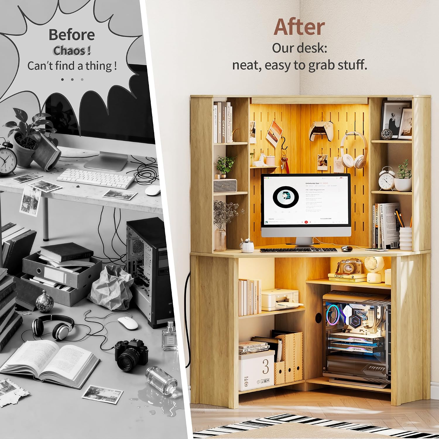 HNEBC Home Office Desk with Power Outlet & Chariging Station,L-Shaped Corner Desk with Pull-Out LED Lights,Computer Desk with Hutch & 10 Shelves,Pegboards for Work & Study,Natural