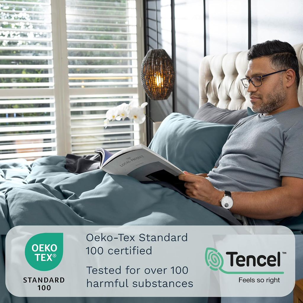 Olive + Crate Tencel Lyocell Eucalyptus Queen Size Sheet Set - Cooling Tencel Sheets for Hot Sleepers with 18 Inch Deep Pocket Fit - Basalt Blue 4-Piece Set