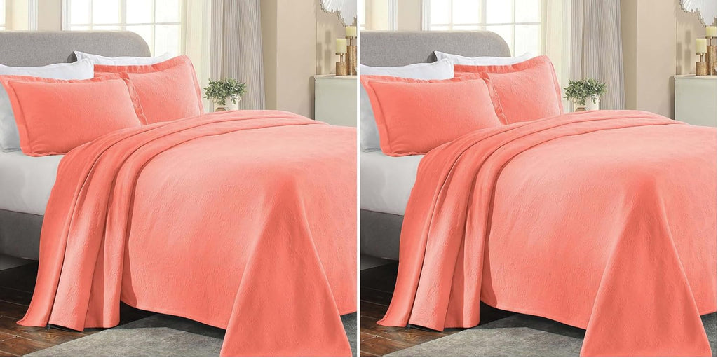 Superior Paisley 3 Piece Cotton Bedspread Set, Decorative Bed Spread, 2 Pillow Shams, Medium Weight Blanket, Matelasse Coverlet Bedding, Vintage Floral Pattern, Twin, Coral (Pack of 2)