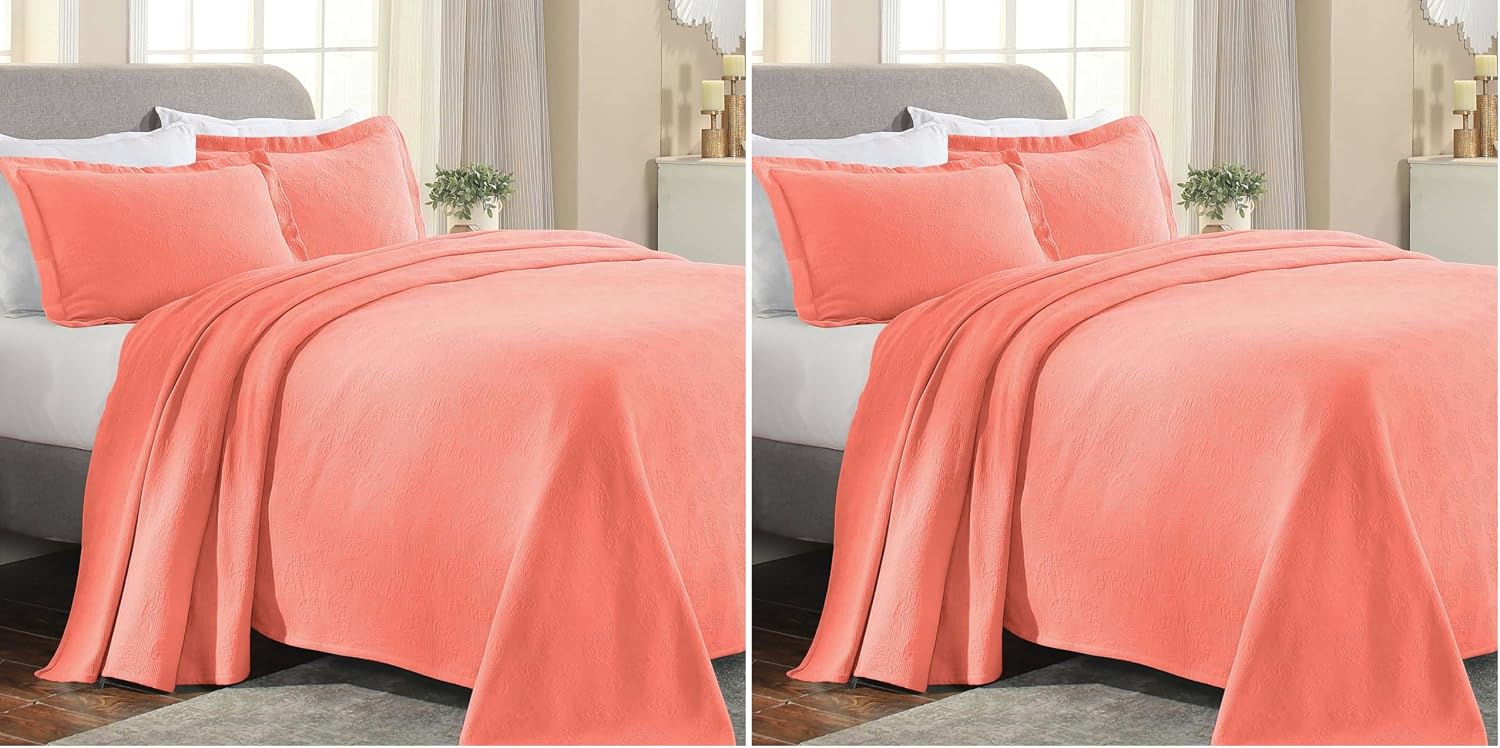 Superior Paisley 3 Piece Cotton Bedspread Set, Decorative Bed Spread, 2 Pillow Shams, Medium Weight Blanket, Matelasse Coverlet Bedding, Vintage Floral Pattern, Twin, Coral (Pack of 2)