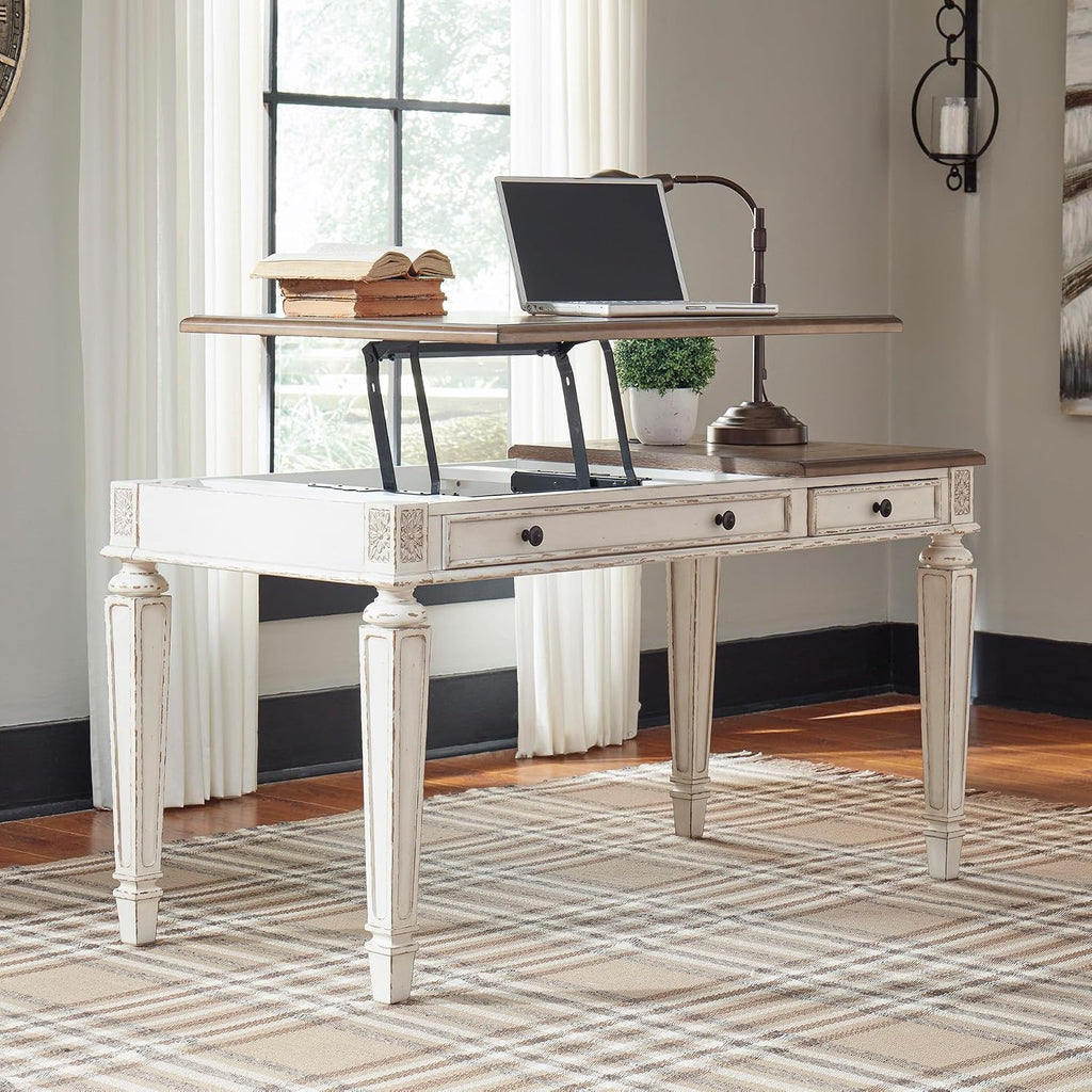 Signature Design by Ashley Realyn Home Office Lift Top Desk, USB Charging, Spring Lift Top, Smooth-gliding Drawer, 60' W x 28' D x 31' H, Chipped White and Brown