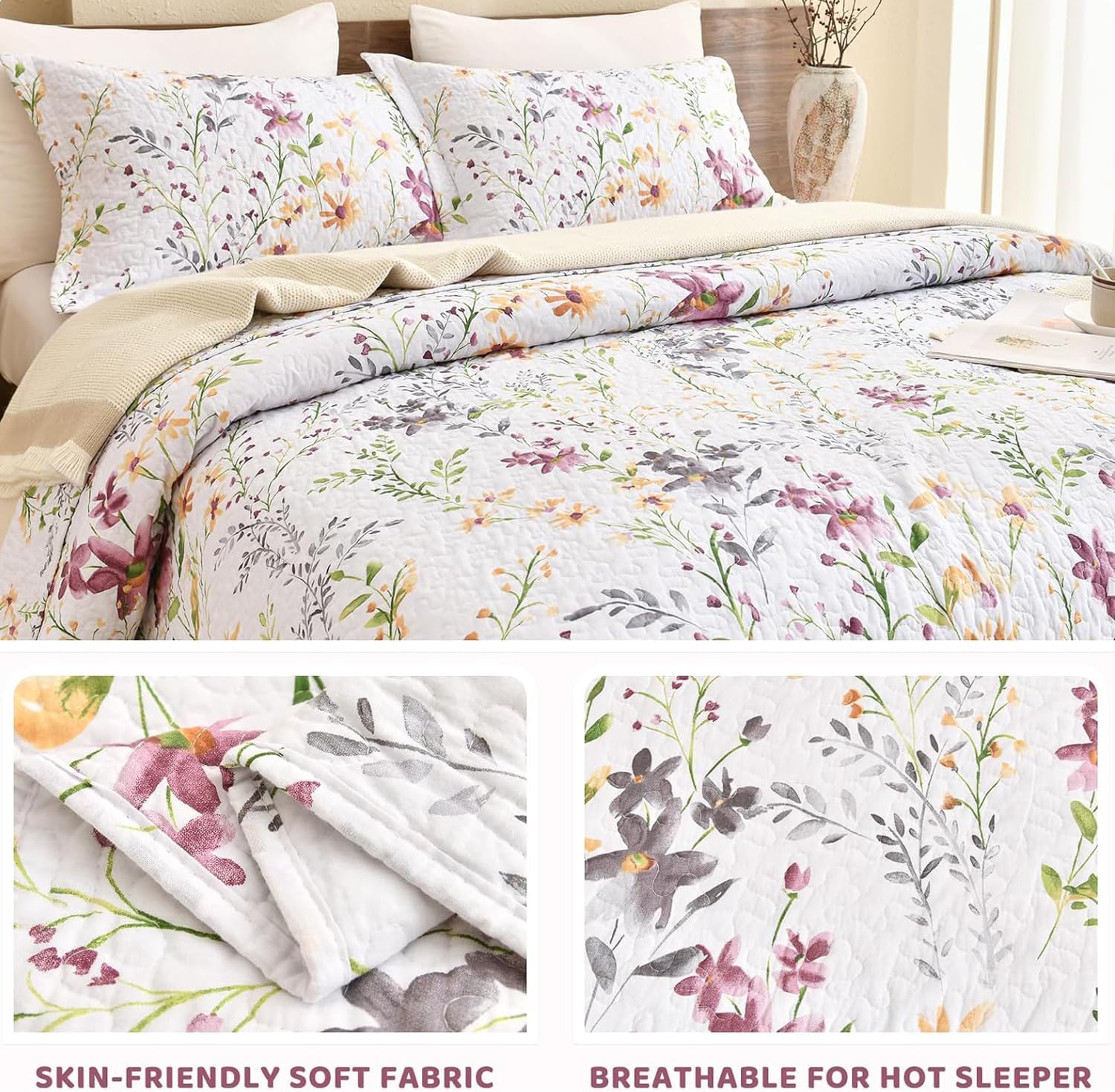 Sanracie California King Quilt Bedding Set(118'x106'), 100% Cotton Floral Aesthetic Bedspread Sets 3Pcs Soft Lightweight Yellow Wild Flower Botanical Printed Pattern Coverlet Set