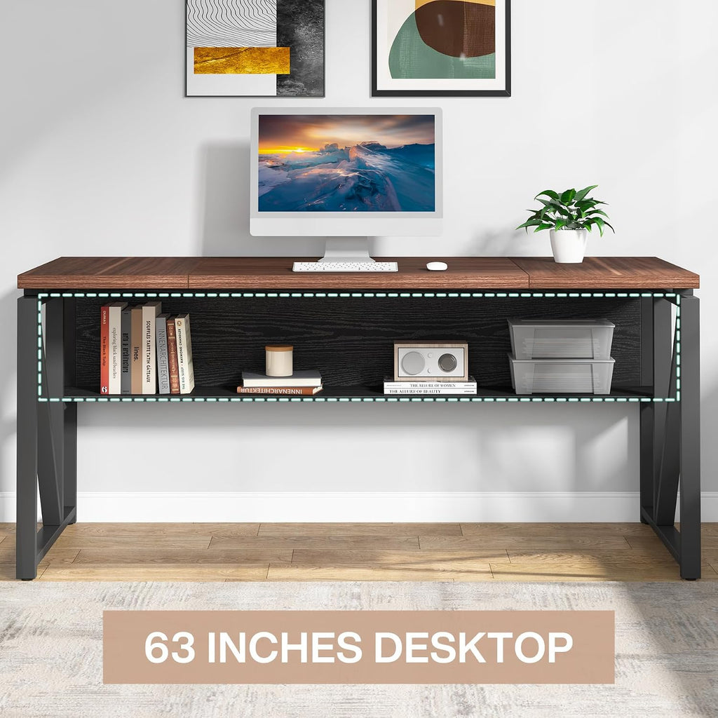 Tribesigns 63 inches Computer Desk with Bottom Storage Shelf Home Office Desk Writing Table for Workstation, Dark Walnut + Steel Leg, Cabinet not Included (Dark Brown, 63-inch-with-Shelf)