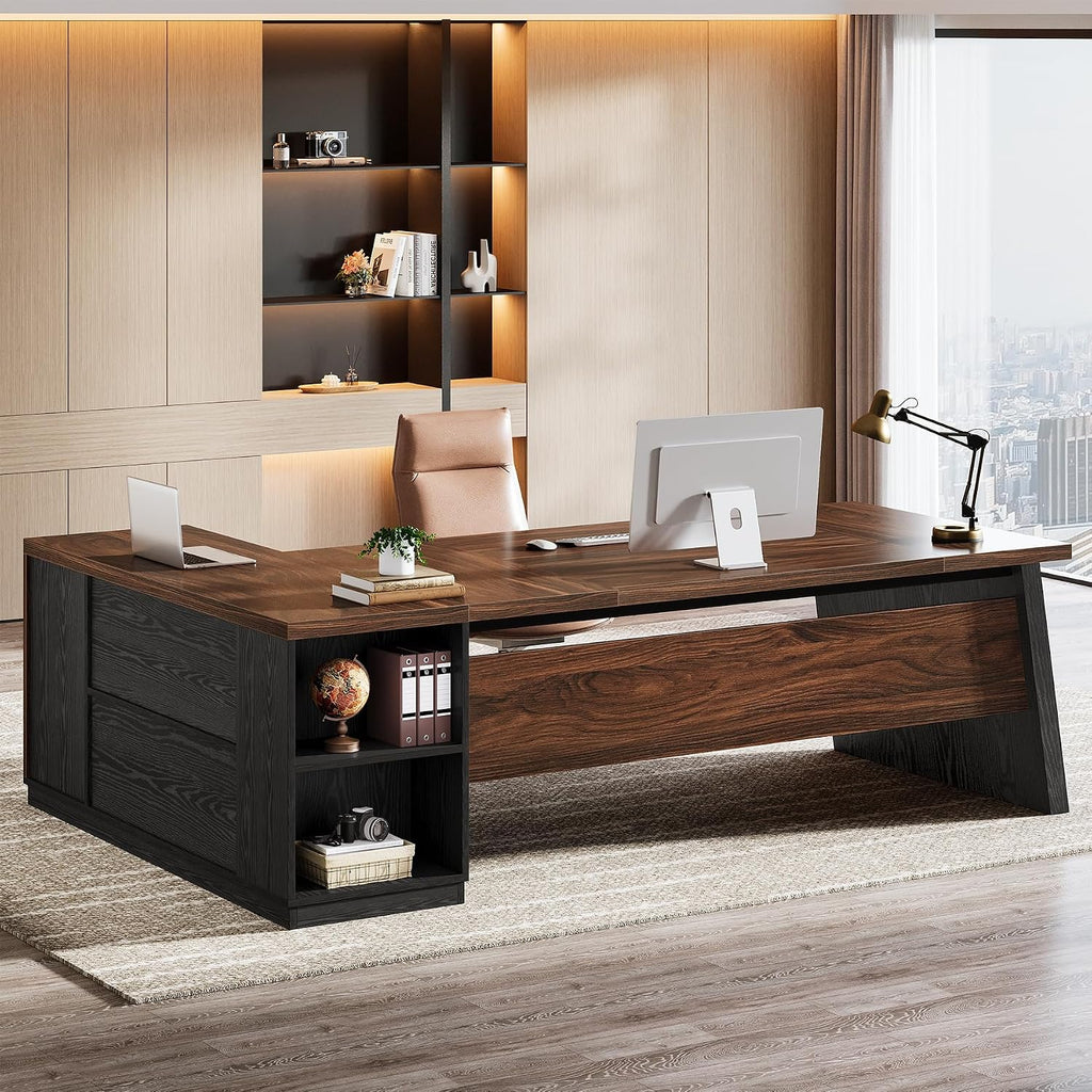 Tribesigns 78-Inch L-Shaped Executive Desk, Large Computer Desk with 2 Drawers and Storage Shelves, Business Furniture Workstation for Home & Office (Brown and Black)