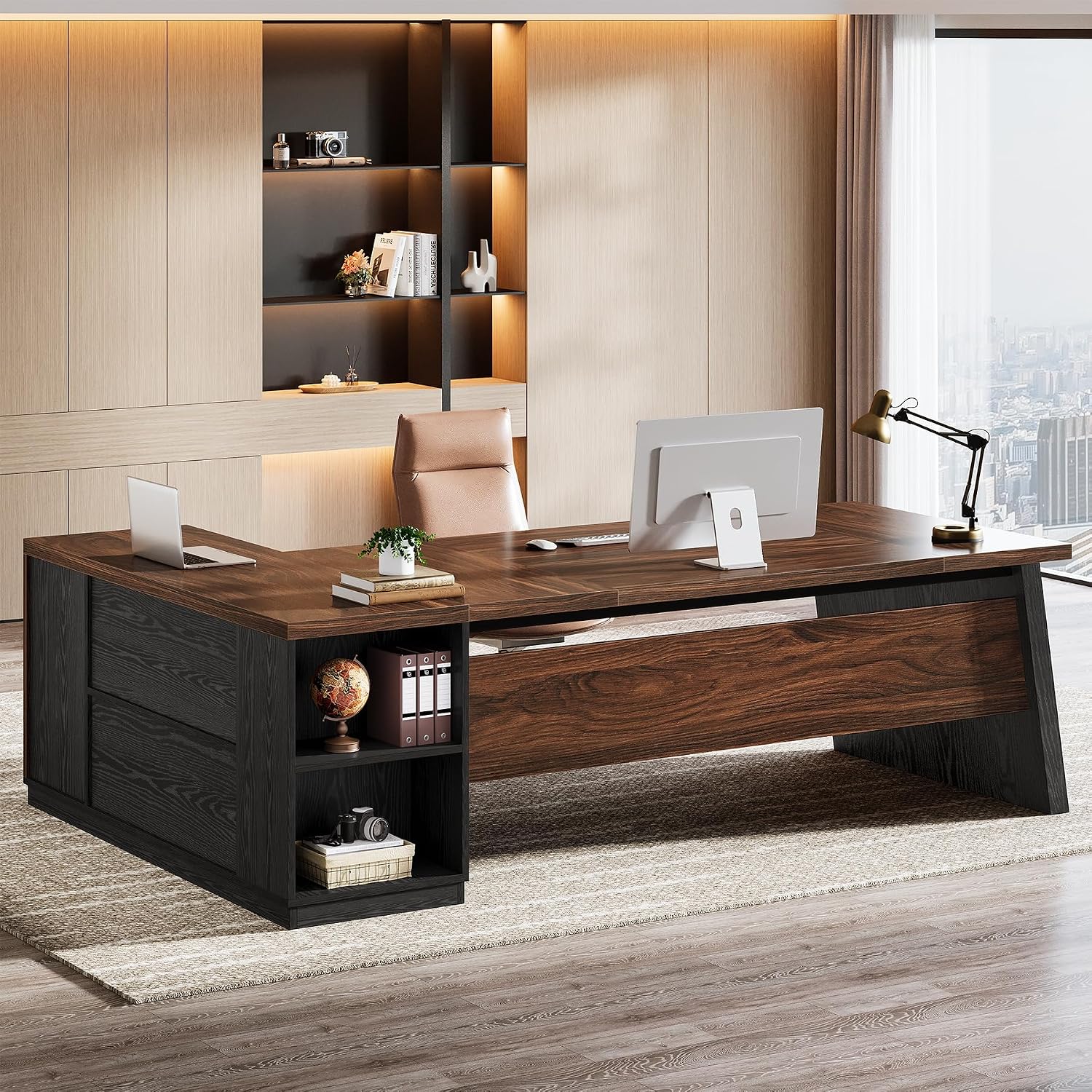 Tribesigns 78-Inch L-Shaped Executive Desk, Large Computer Desk with 2 Drawers and Storage Shelves, Business Furniture Workstation for Home & Office (Brown and Black)