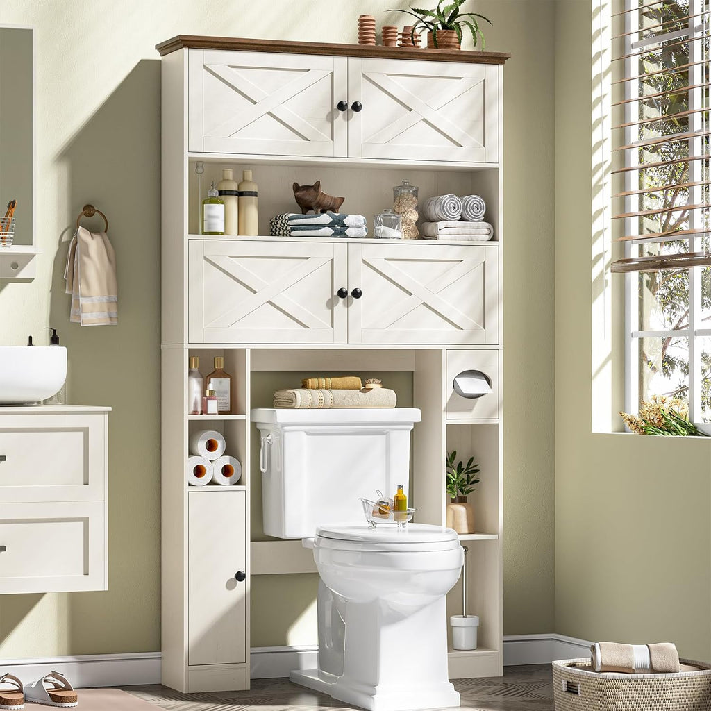 Over The Toilet Storage Cabinet, Farmhouse Storage Over Toilet with 4 Barn Doors & Adjustable Shelf, Space Saving Bathroom Organizer with Toilet Paper Holder Stand for Bathroom, Laundry, Rustic White