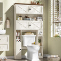 Over The Toilet Storage Cabinet, Farmhouse Storage Over Toilet with 4 Barn Doors & Adjustable Shelf, Space Saving Bathroom Organizer with Toilet Paper Holder Stand for Bathroom, Laundry, Rustic White