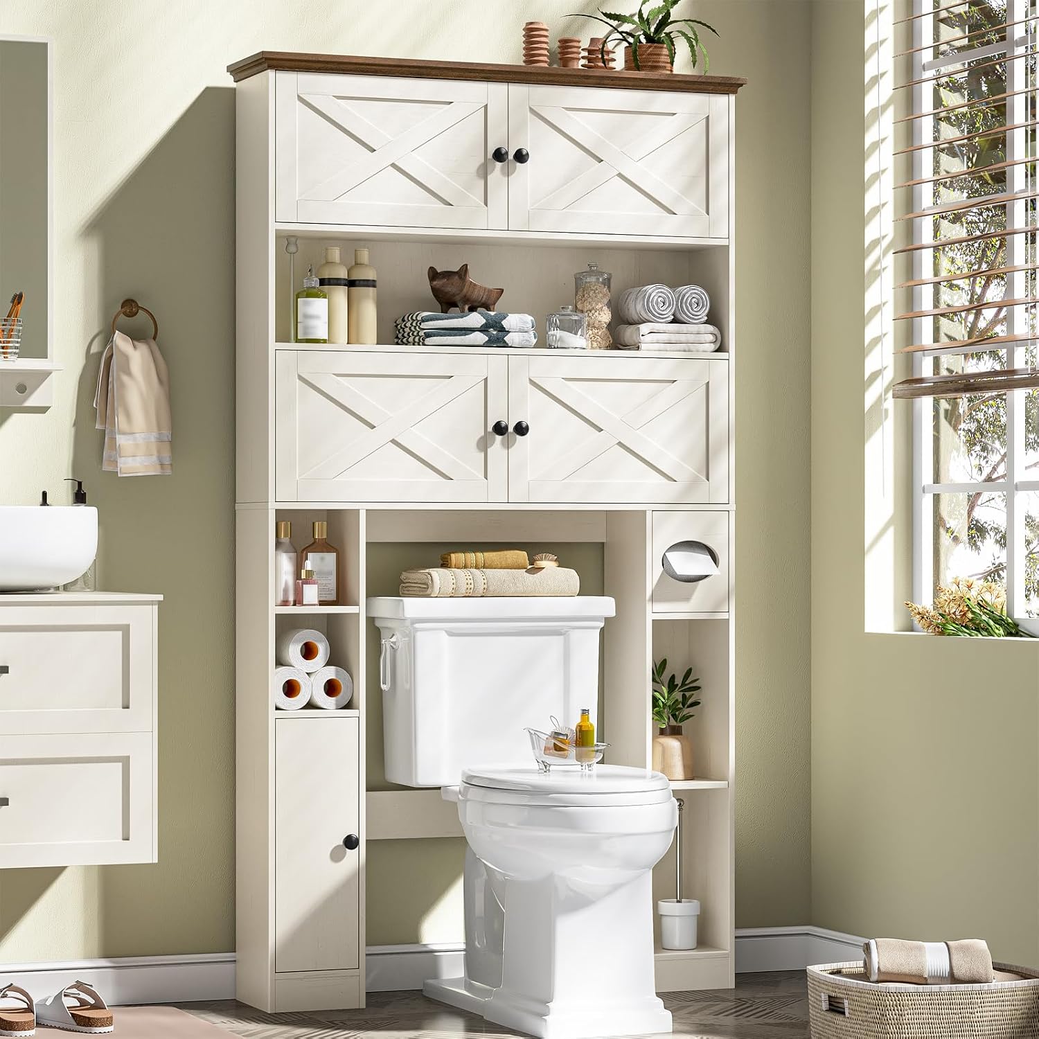 Over The Toilet Storage Cabinet, Farmhouse Storage Over Toilet with 4 Barn Doors & Adjustable Shelf, Space Saving Bathroom Organizer with Toilet Paper Holder Stand for Bathroom, Laundry, Rustic White