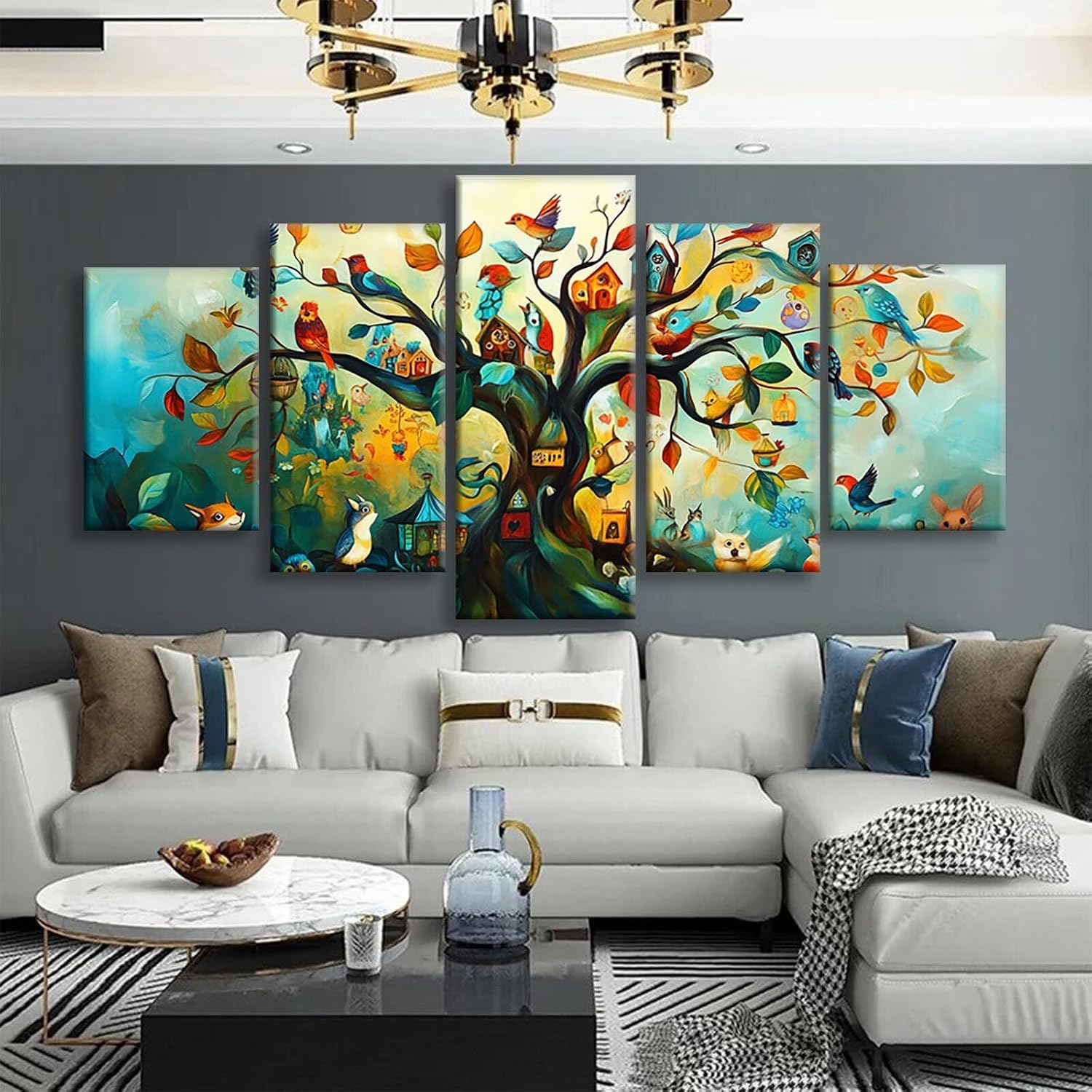 Animal Diamond Art 5 Piece Diamond Painting Tree 5D DIY Full Square Drill Dimond Art Paintings Rhinestones Crafts for Adults Gem Painting for Home Decor, Large Artwork for Wall 36 x 70 Inch, Model72