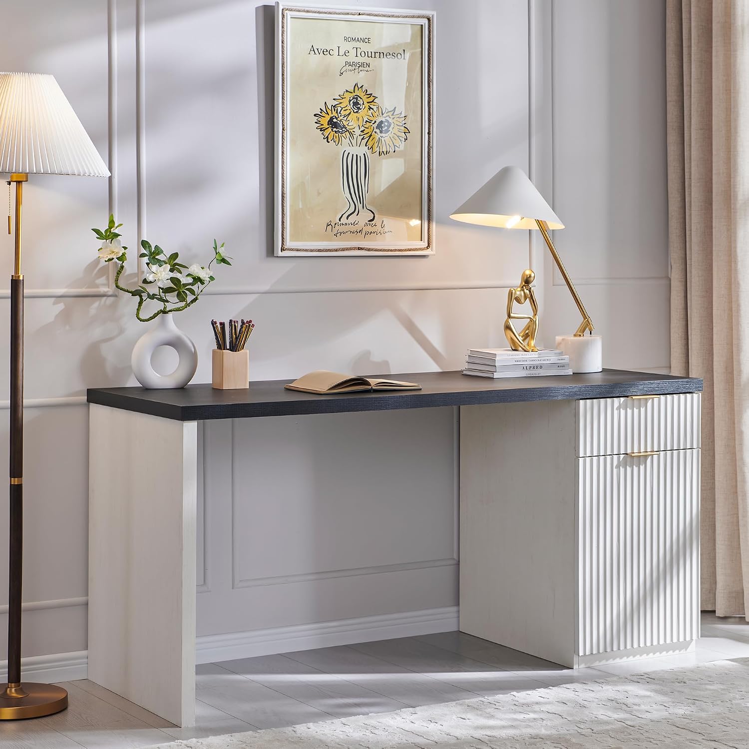 JXQTLINGMU 60' Modern Executive Desk with Storage, Wood Home Office Desk with Drawer & Cabinet, Fluted Computer Writing Desk for Study, Living Room, Bedroom, Antique White