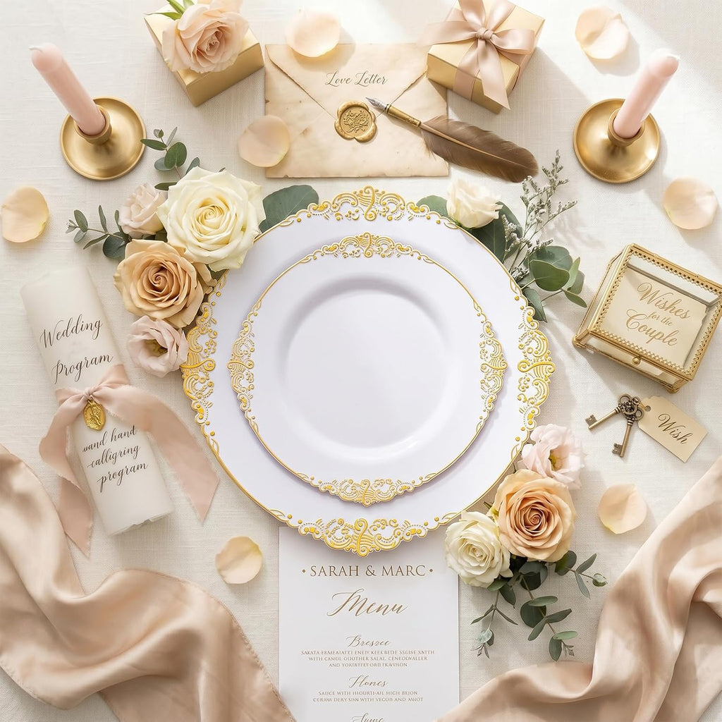 YOUBET 700PCS Gold Plastic Dinnerware Set - White and Gold Disposable Plates for 100 Guest - 200 Disposable Plates, 300 Heavy Duty Plastic Silverware, 100 Cups,100 Napkins for Wedding