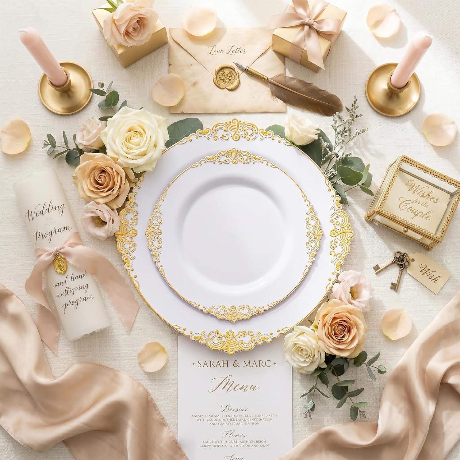 YOUBET 700PCS Gold Plastic Dinnerware Set - White and Gold Disposable Plates for 100 Guest - 200 Disposable Plates, 300 Heavy Duty Plastic Silverware, 100 Cups,100 Napkins for Wedding