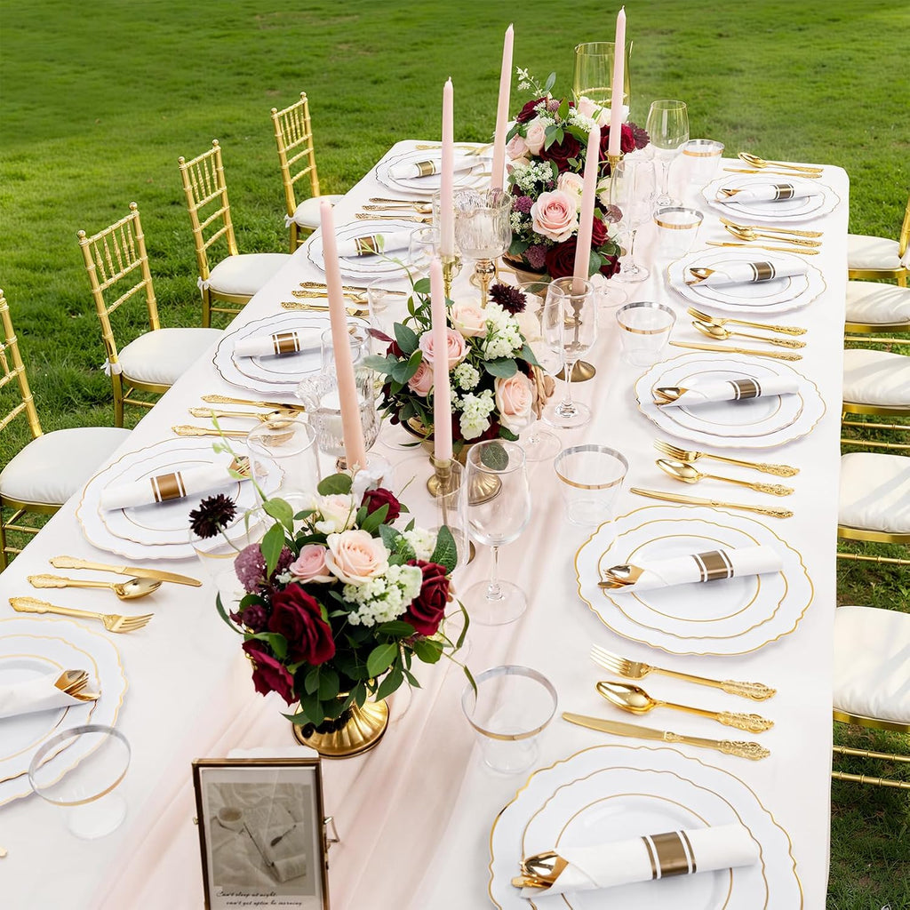 Liacere 700PCS Gold Plastic Plates - Baroque Dinnerware Sets for 100 Guests - 200 Disposable Plates（10inch，7inch）, 300 Gold Plastic Silverware, 100 Cups, 100 Napkins for Wedding & Easter Day