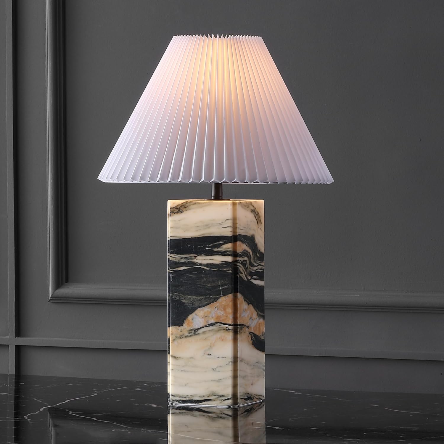 SAFAVIEH Couture Lighting Collection Mackenzie Light Brown/Black Marble Square 25-inch Table Lamp for Bedroom Living Room Home Office Desk Nightstand (LED Bulb Included)