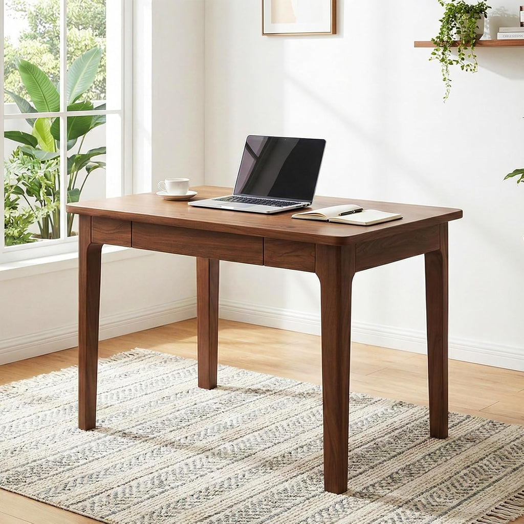 Mid Century Modern Desk with Drawers,31.5 inch Solid Wood Writing Desk for Home Office Bedroom,Small Computer Desk for Spaces Easy Assembly Walnut