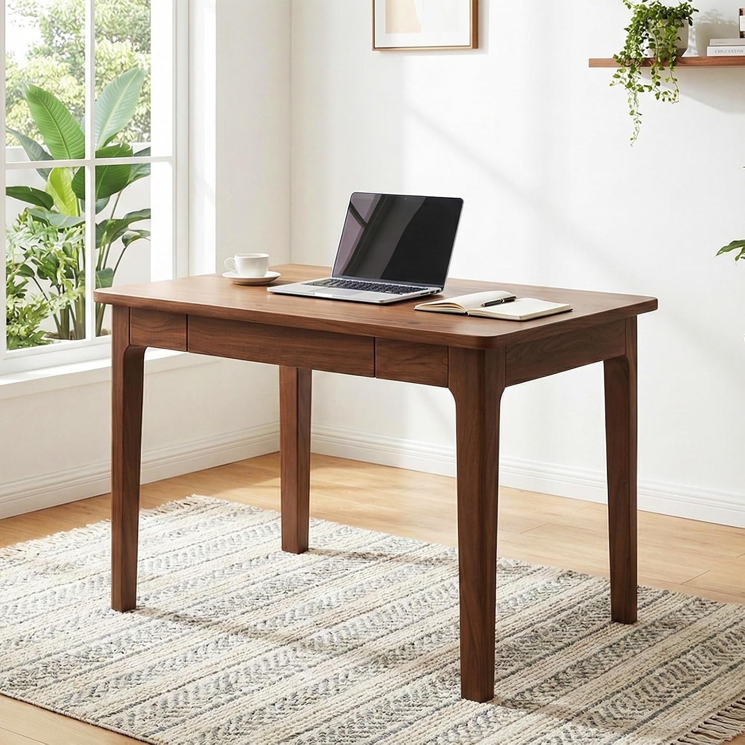 Mid Century Modern Desk with Drawers,31.5 inch Solid Wood Writing Desk for Home Office Bedroom,Small Computer Desk for Spaces Easy Assembly Walnut
