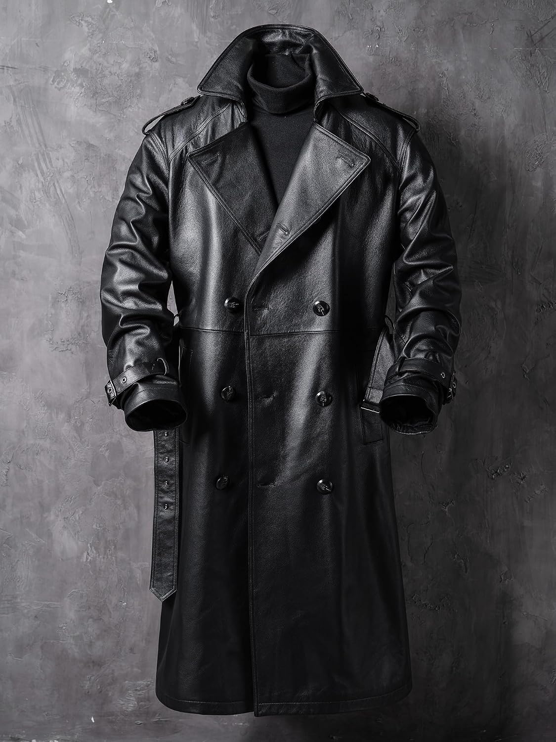 Men's Casual Long Leather Trench Coat, Slim Fit Double Breasted Notched Lapel Belt Black Full Length Jacket Overcoat