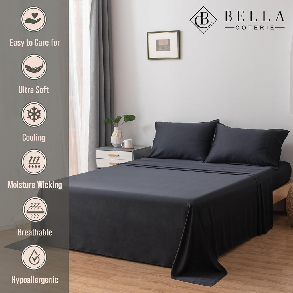 Bella Coterie Luxury Bamboo Viscose Queen Size Sheet Set | 100% Organically Grown | Ultra Soft | Cooling for Hot Sleepers | 18' Deep Pocket [Black]