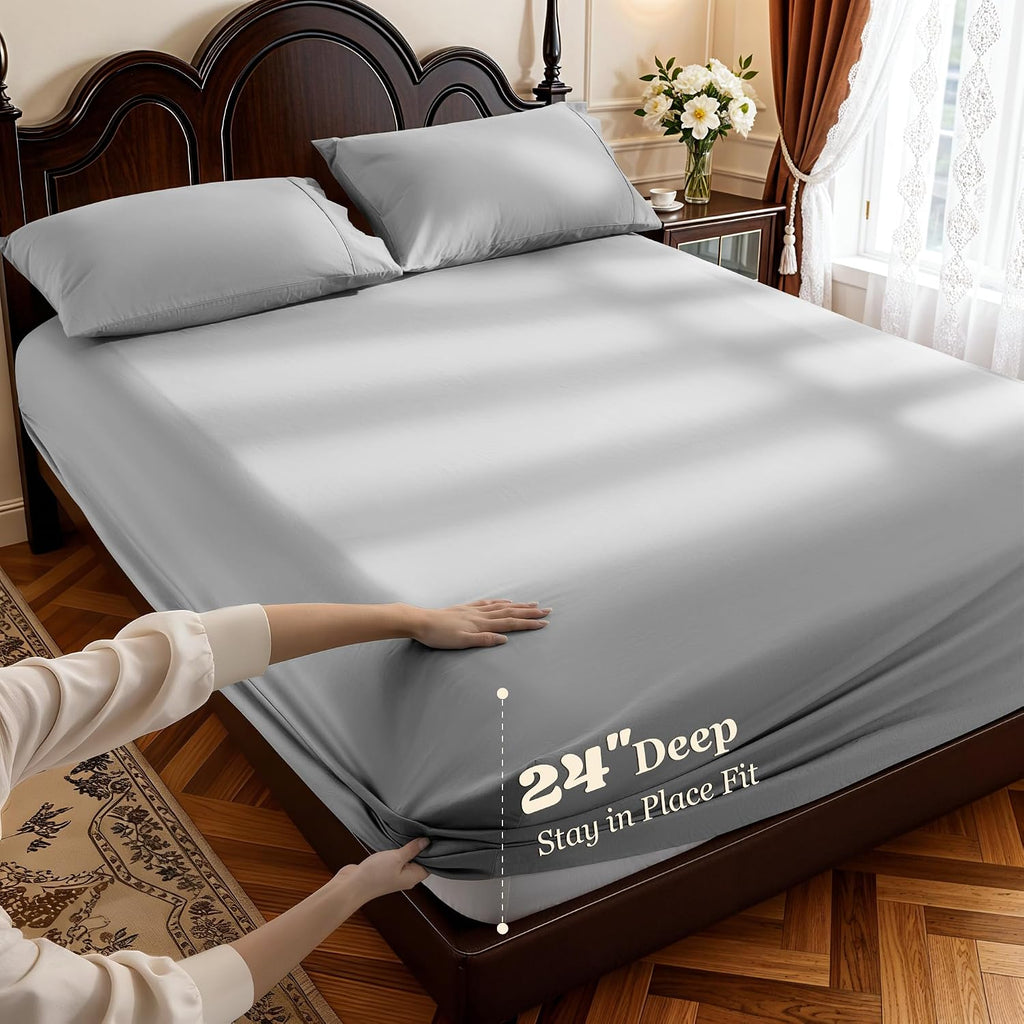 LBRO2M 100% Cotton Sheets Set Deep Pocket 24', 1000 Thread Count Full Size 4 Piece Bed Sheet Sets Soft Comfortable Bedding All Season (Full, Gray)