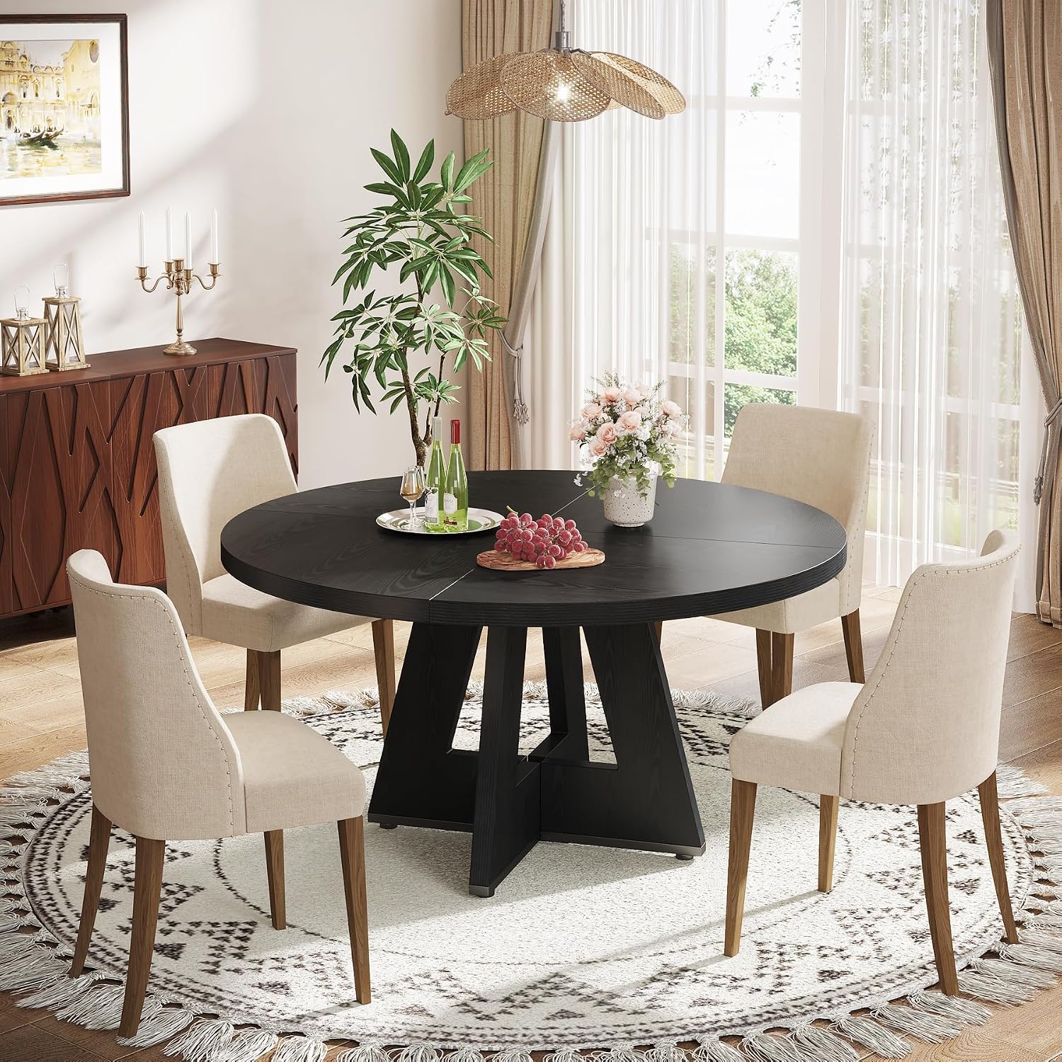 Tribesigns Farmhouse Dining Table, 47 Inch Round Dinner Table for 4 (Black)