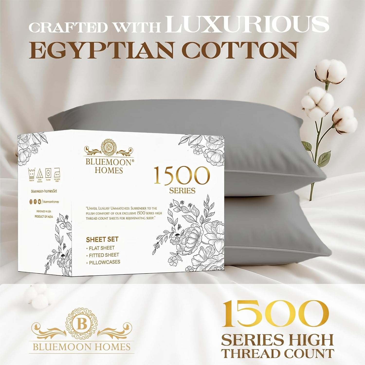Bluemoon Homes 100% Egyptian Cotton Sheets Queen Size Sheet Set, Luxury Deep Pocket Queen Sheet, 1500 Series Soft & Ultra Smooth, 4 Piece Cool Durable Bedding Sheets & Pillowcases - Dark Grey