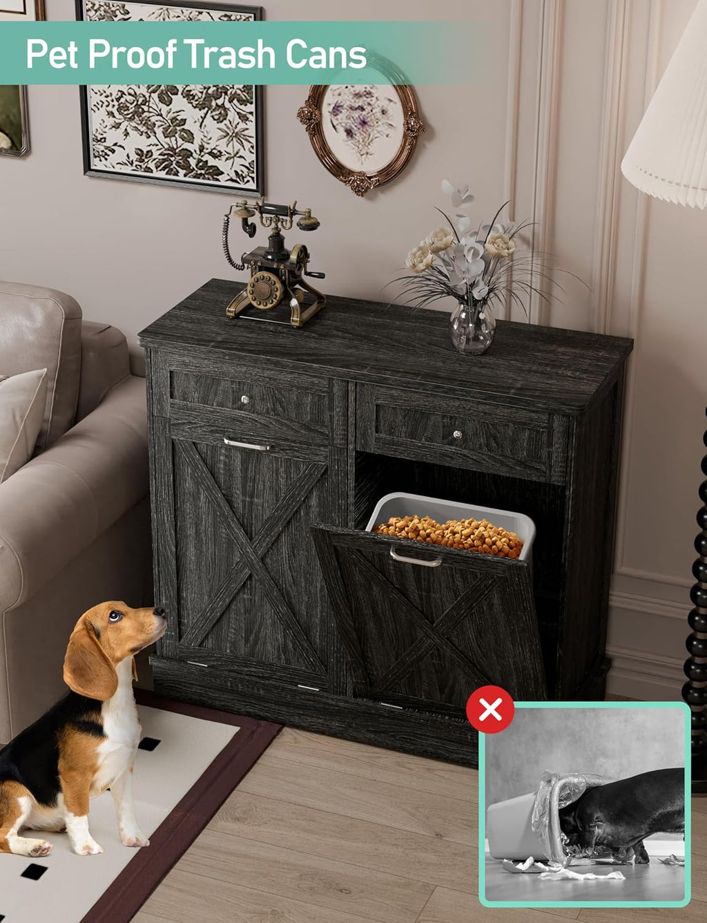 TOLEAD Double Tilt Out Trash Cabinet Free Standing 10 Gallon Wooden Dual Trash Can Cabinet with Barn Door for Farmhouse Kitchen,Living Room, Dining Room, Oak Grey