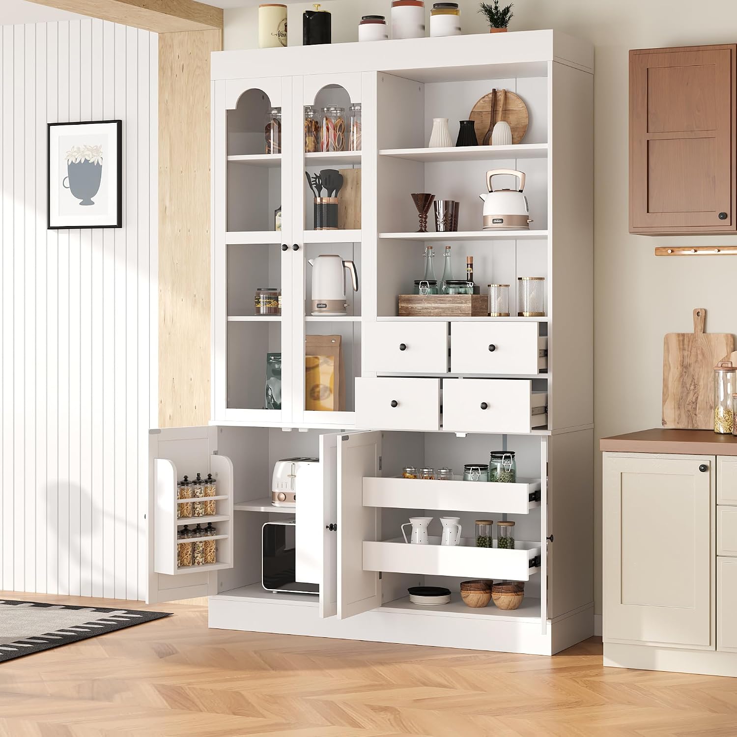 Modern 75inch Tall Kitchen Pantry Storage Cabinet with 4 Drawers, Freestanding Buffet Cabinet with Door Shelves and Pull-Out Trays for Dining Room, Living Room (White/32r)