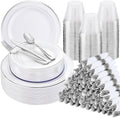 WELLIFE 700 Pcs Silver Plastic Plates for 100 Guests -Party Supplies Includes 200 Silver Plates,300 Plastic Silverware,100 Napkins,100 Cups for Party and Wedding