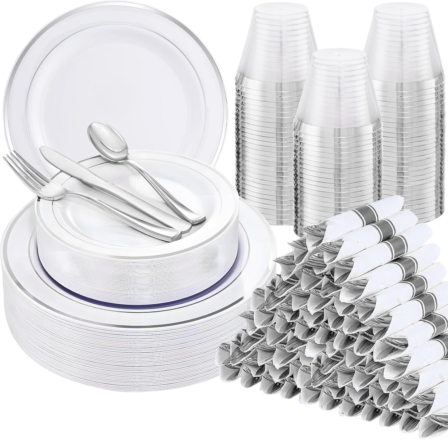 WELLIFE 700 Pcs Silver Plastic Plates for 100 Guests -Party Supplies Includes 200 Silver Plates,300 Plastic Silverware,100 Napkins,100 Cups for Party and Wedding