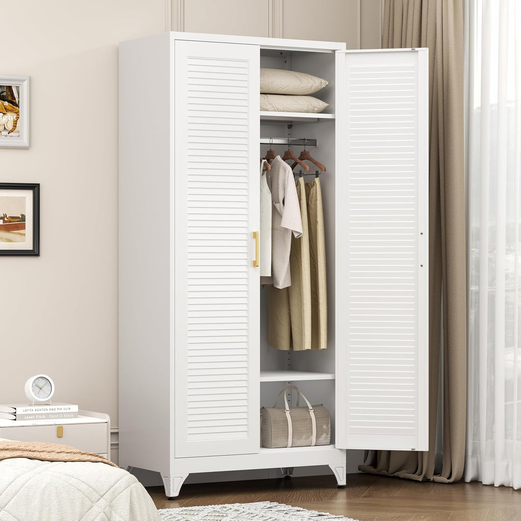 Armoire Wardrobe Closet, 71' Tall Metal Storage Cabinet with Louvered Doors and Adjustable Shelves, Clothes Wardrobe Cabinet with Hanging Rod, White Armoire, Steel Closet for Bedroom, Office