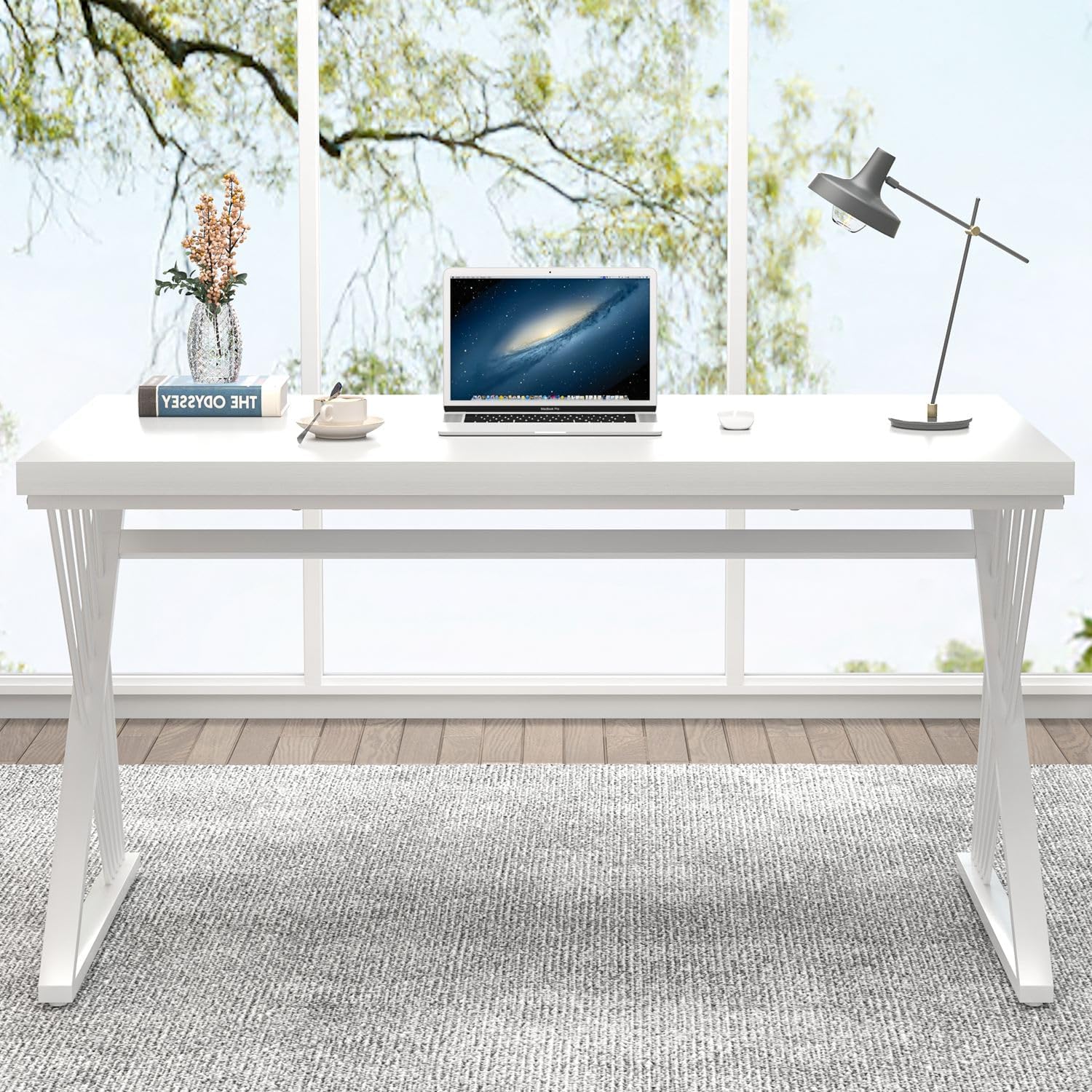 FOLUBAN Modern White Desk, Rustic Wood and Metal Computer Desk for Home Office, Simple Writing Work PC Desks for Bedroom, Industrial Study Gaming Table for Living Room, White, 53 Inch