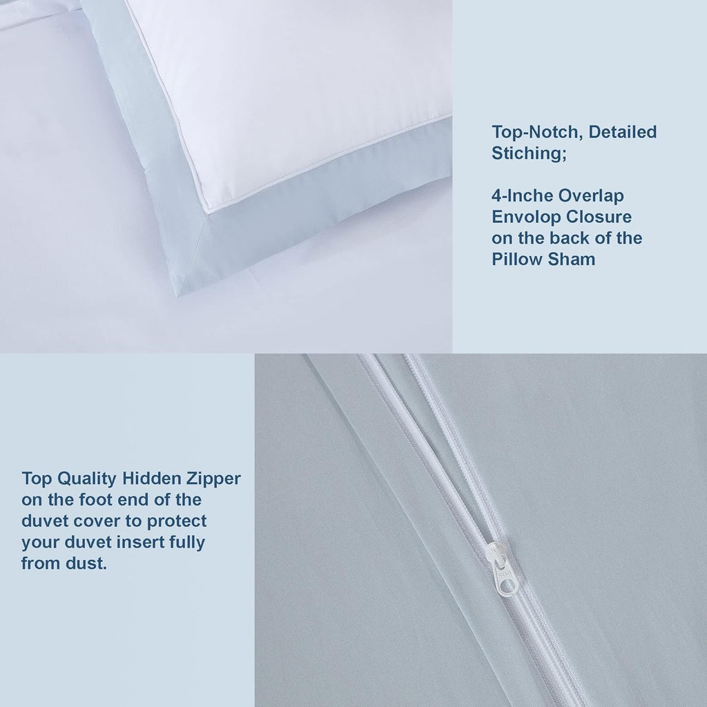 THE COTTON & SILK®️ 100% Luxury Long-Staple Cotton Duvet Cover Set - Soft & Breathable - Include 1 Duvet Cover (Corner Ties & Hidden Zipper), 2 Pillow Shams - White + Misty Blue, King/California King