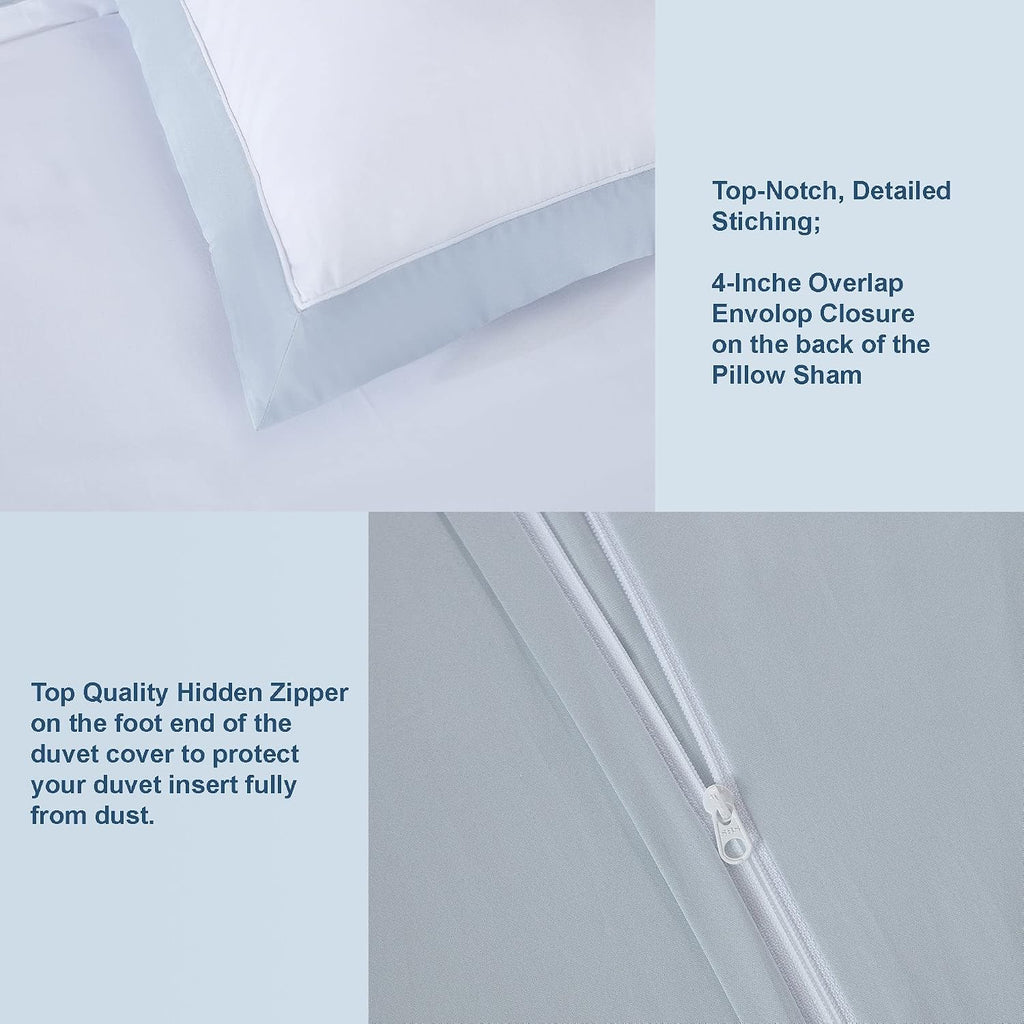 THE COTTON & SILK®️ 100% Luxury Long-Staple Cotton Duvet Cover Set - Soft & Breathable - Include 1 Duvet Cover with Corner Ties & Hidden Zipper, 2 Pillow Shams - White + Misty Blue, Queen Size