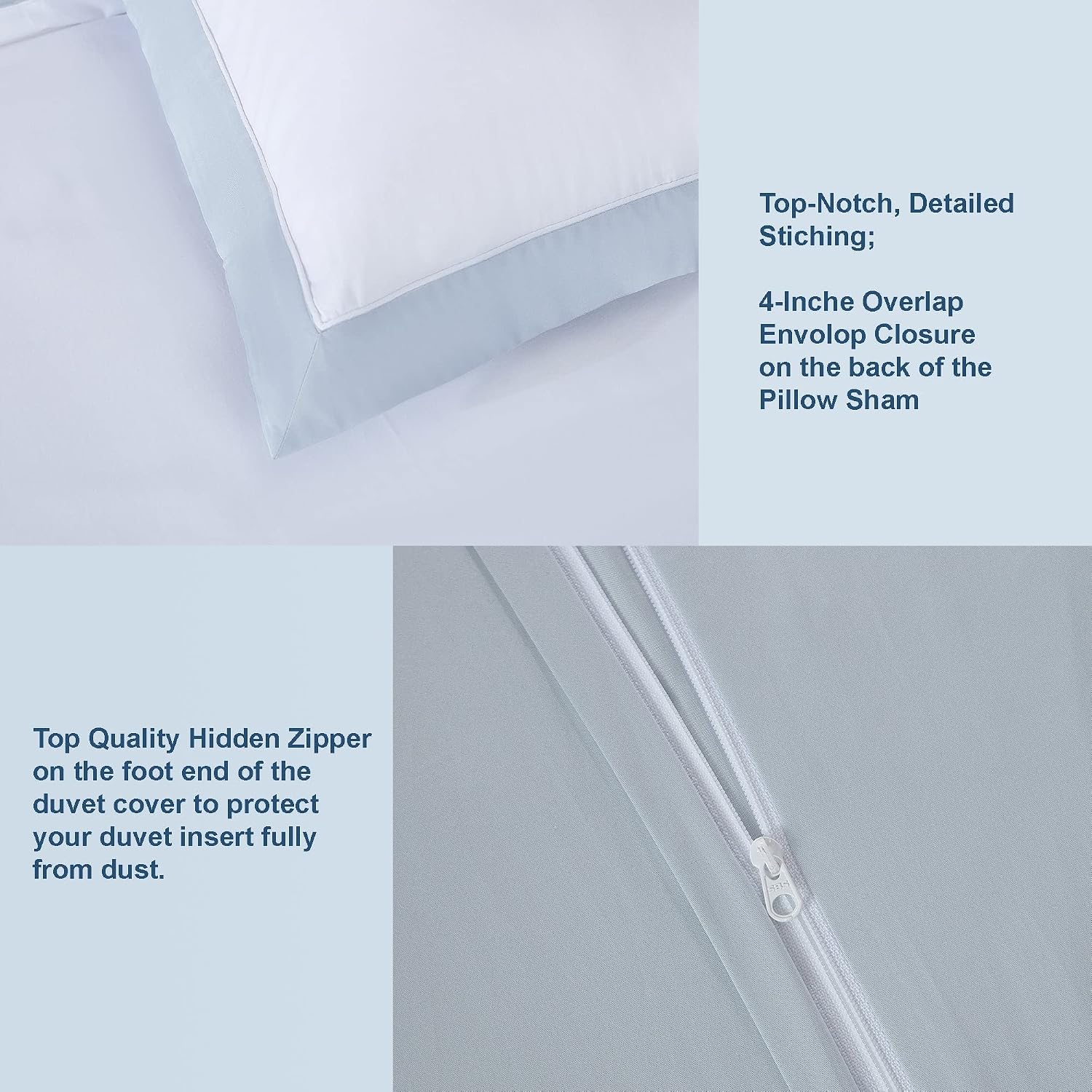 THE COTTON & SILK®️ 100% Luxury Long-Staple Cotton Duvet Cover Set - Soft & Breathable - Include 1 Duvet Cover with Corner Ties & Hidden Zipper, 2 Pillow Shams - White + Misty Blue, Queen Size