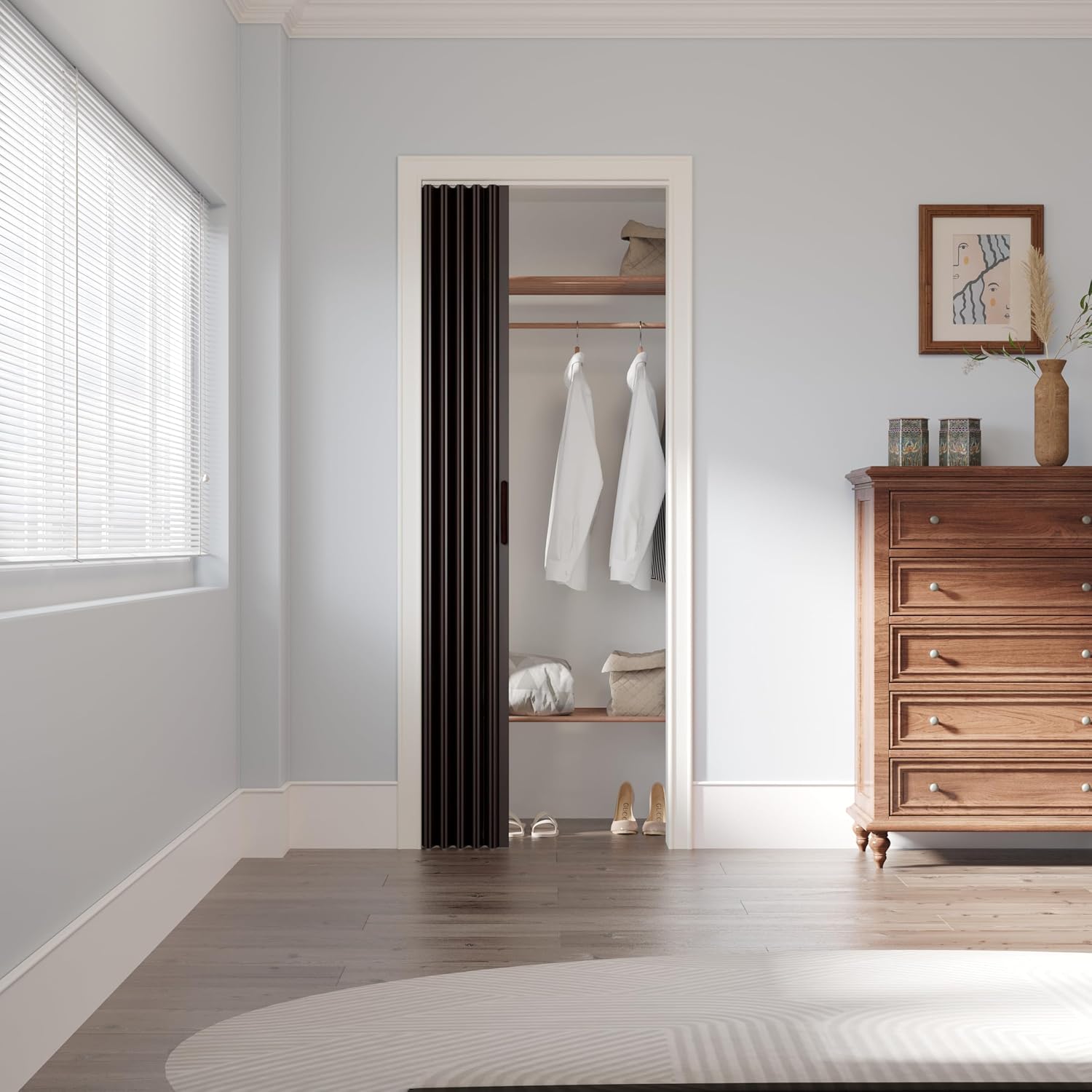 60' x 80' Accordion Door Interior, Walnut PVC Powerful Magnetic Folding Door and Hardware Kit Included, Multifold Bifold Closet Doors for Closet Bathroom Doorway 49-60' x 80'