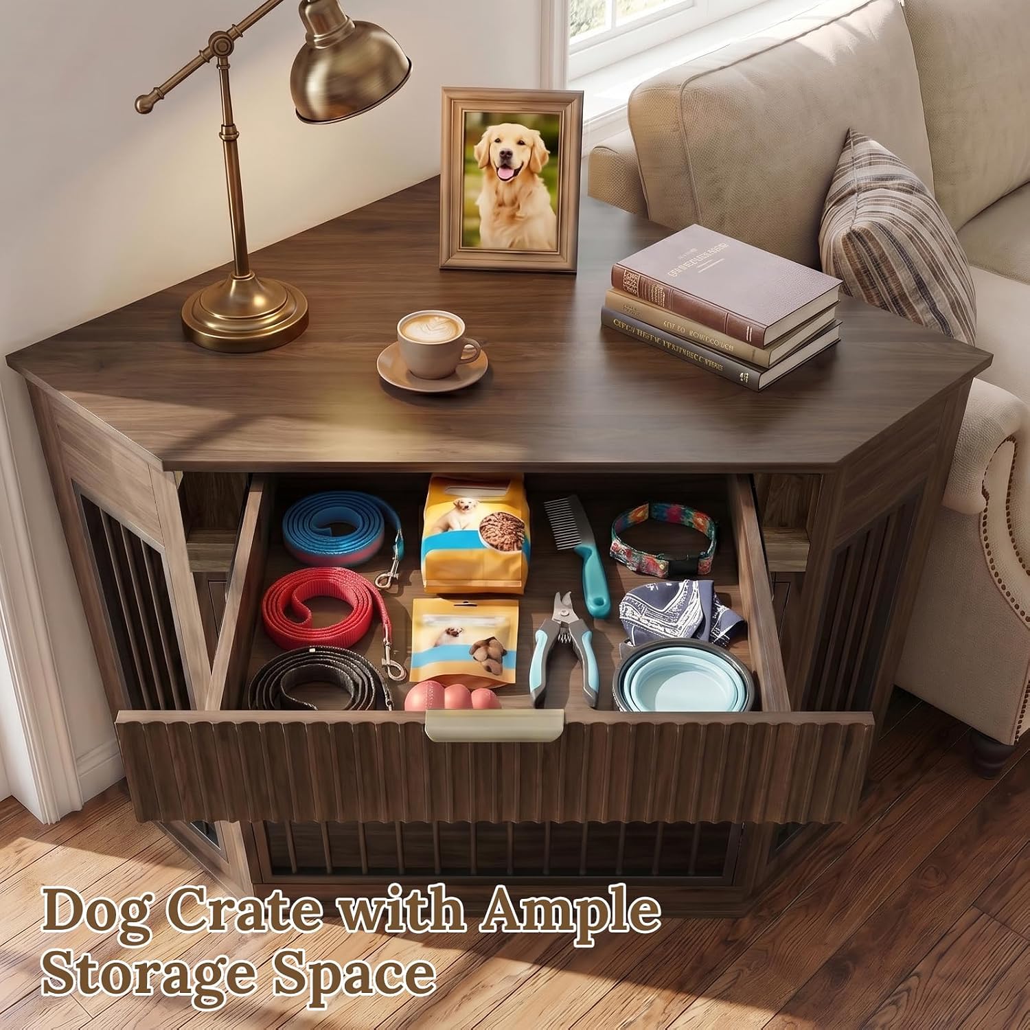 Yafylly Corner Dog Crate Furniture, 44.6' Furniture Style Corner Dog Crate with Fluted Drawer, Wooden Dog Kennel End Table for Small Medium Dogs, Dog Cage TV Stand, Brown