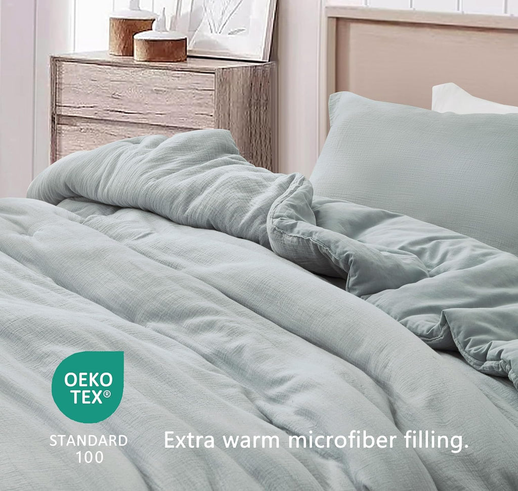 Chezmoi Collection Breeze 3-Piece 100% Cotton Muslin Oversized King Comforter Set, Light Blue-Gray Soft Washed Cotton Gauze Comforter, Lightweight Breathable Reversible 240GSM Fill Summer Bedding