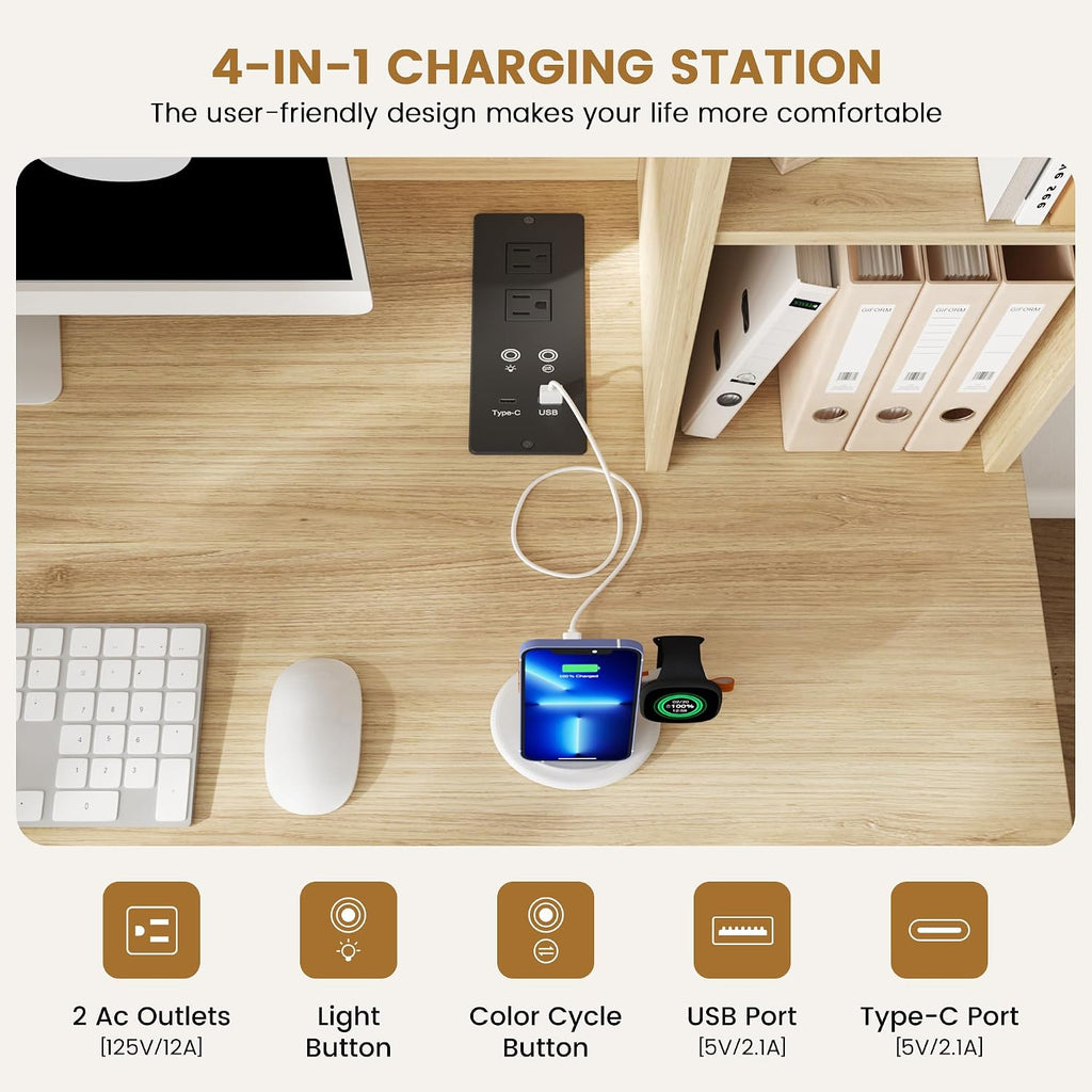 40' W Fluted Study Desk with Hutch and Storage Cabinet, Computer Desk with Power Outlet & LED Lights, Home Office Desk with Card-Based Lock for Study, Bedroom, Living Room, Natural Oak