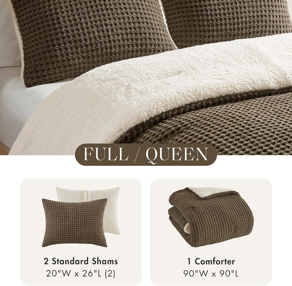 Madison Park Queen Comforter Set Cotton Chenille Waffle Comforters Queen Size Bed, All Season Down Alternative Sherpa Bedding Queen Size Comforter, Riordan, Full/Queen Brown 3 Piece