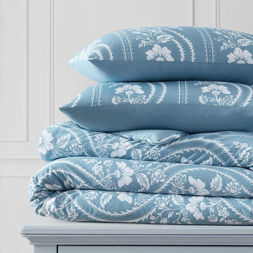 Martha Stewart - Twin Comforter Set, Smooth Sateen Front with Subtle Sheen & Lightweight Cotton Percale Reverse, 2 Piece Bed Set with Matching Pillowcase (Sophia Stripe Blue)