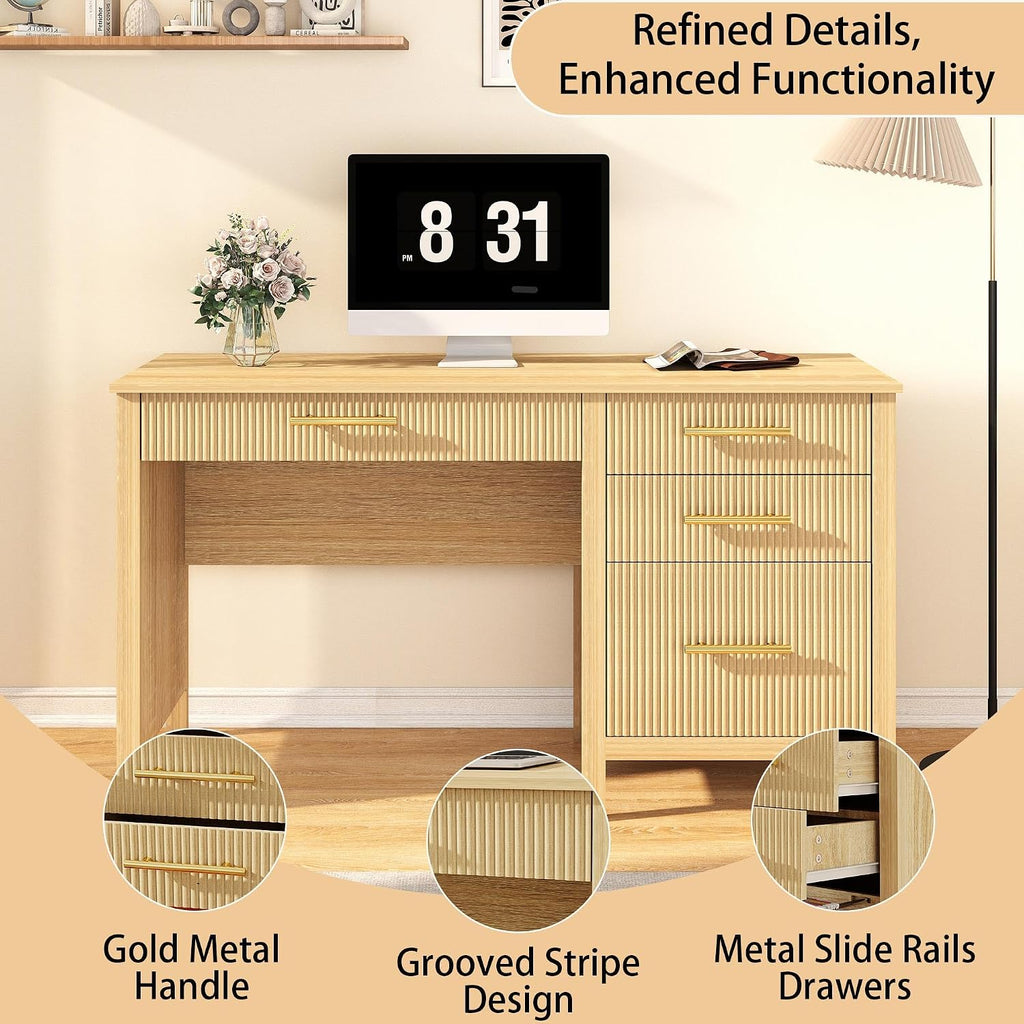Modern Executive Desk with Drawers: 54' Oak Home Office Desks with File Drawers, Wood Fluted Computer Writing Desk for Work, Study, and Living Room (54')