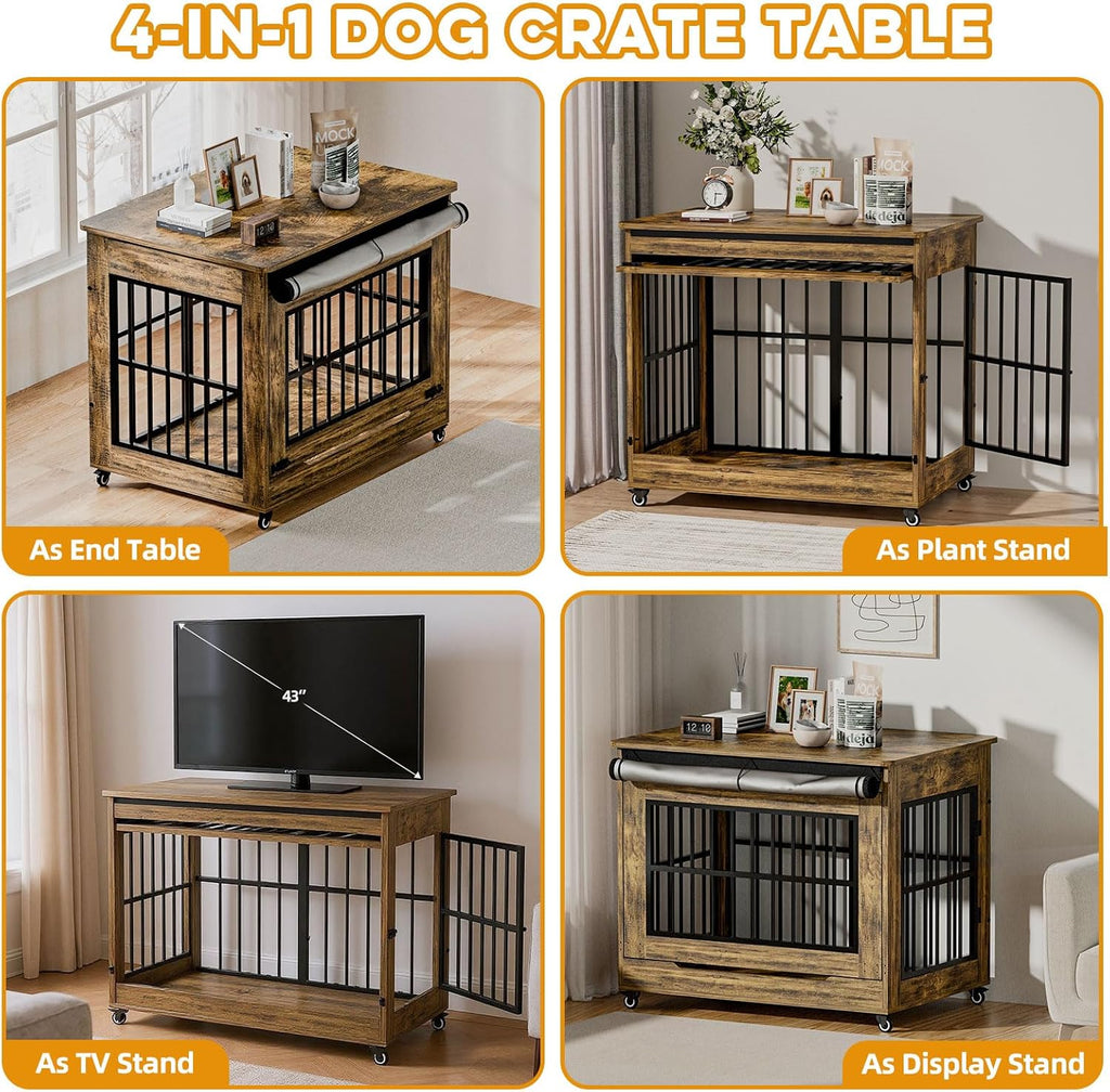 42' Large Dog Crate Furniture, Double Door Wooden Indoor Dog Kennel Furniture, Pet Cage Decorative with Wheels for Large Breed Dogs, Size XL, Rustic Brown